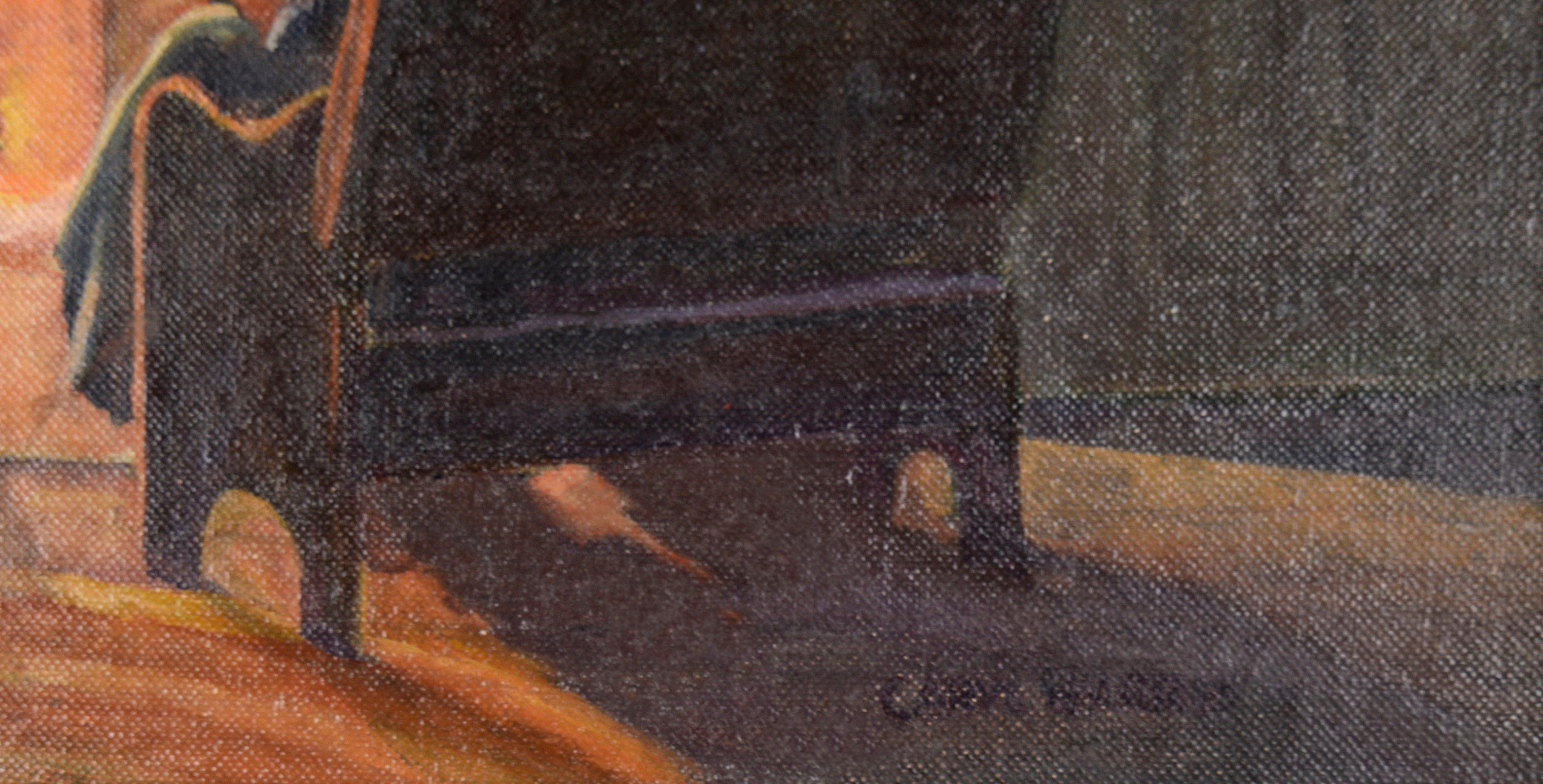 Intérieur new-yorkais des années 1940 -- Scène de soirée d'un artiste et de sa femme 
Magnifique peinture à l'huile figurative et d'intérieur new-yorkais des années 1940 dans le style de l'Ashcan School par l'artiste new-yorkais Caryl Harris