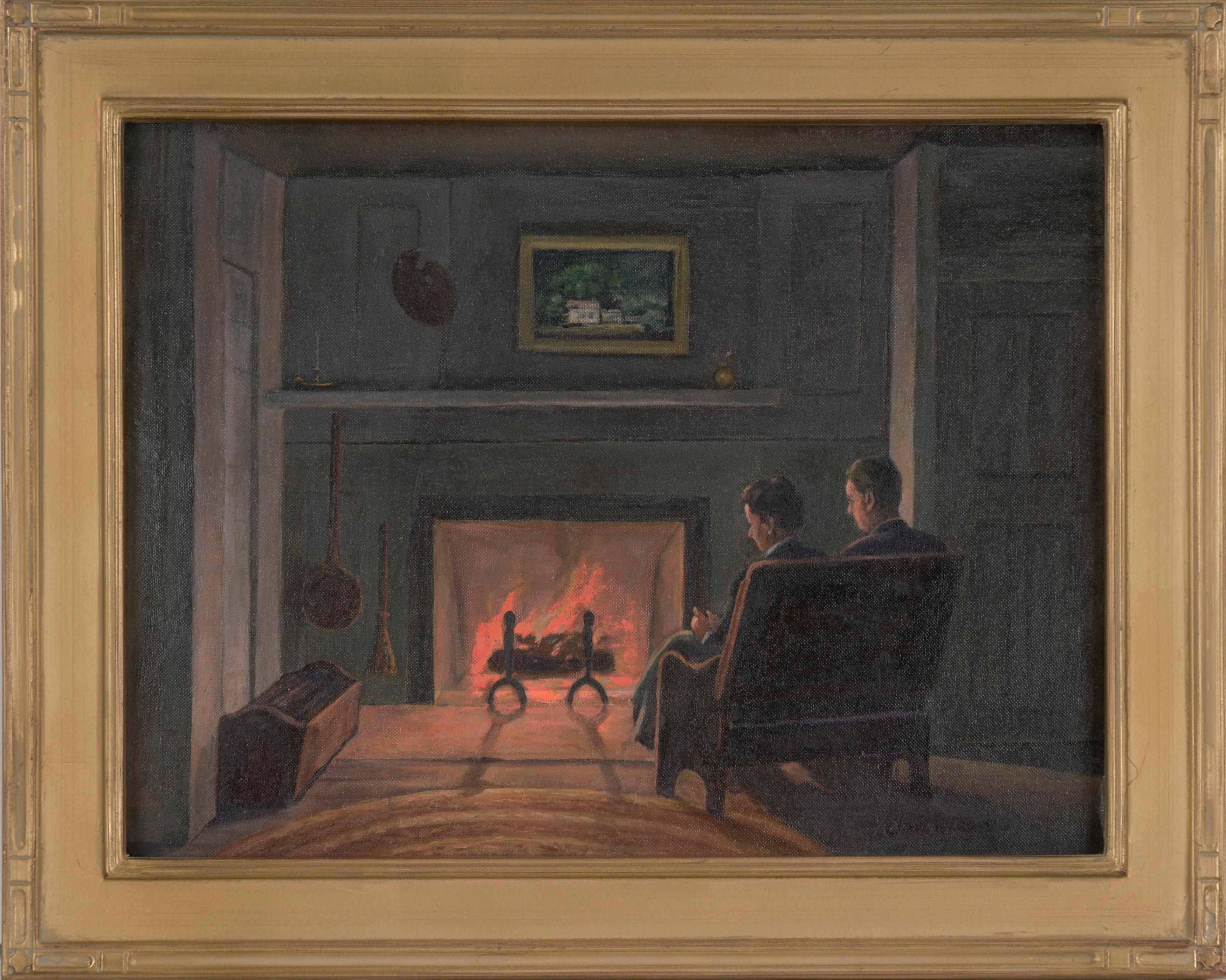 Caryl Harris Interior Painting – New Yorker Interieur der 1940er Jahre - eine Abendszene mit einem Künstler und seiner Ehefrau 