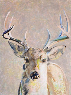 As A Deer by Carylon Killebrew, Large Vertical Mixed Media Deer Painting Gray