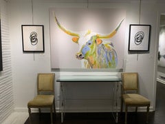Esther by Carylon Killebrew, Large Horizontal Mixed Media Longhorn Painting Gray