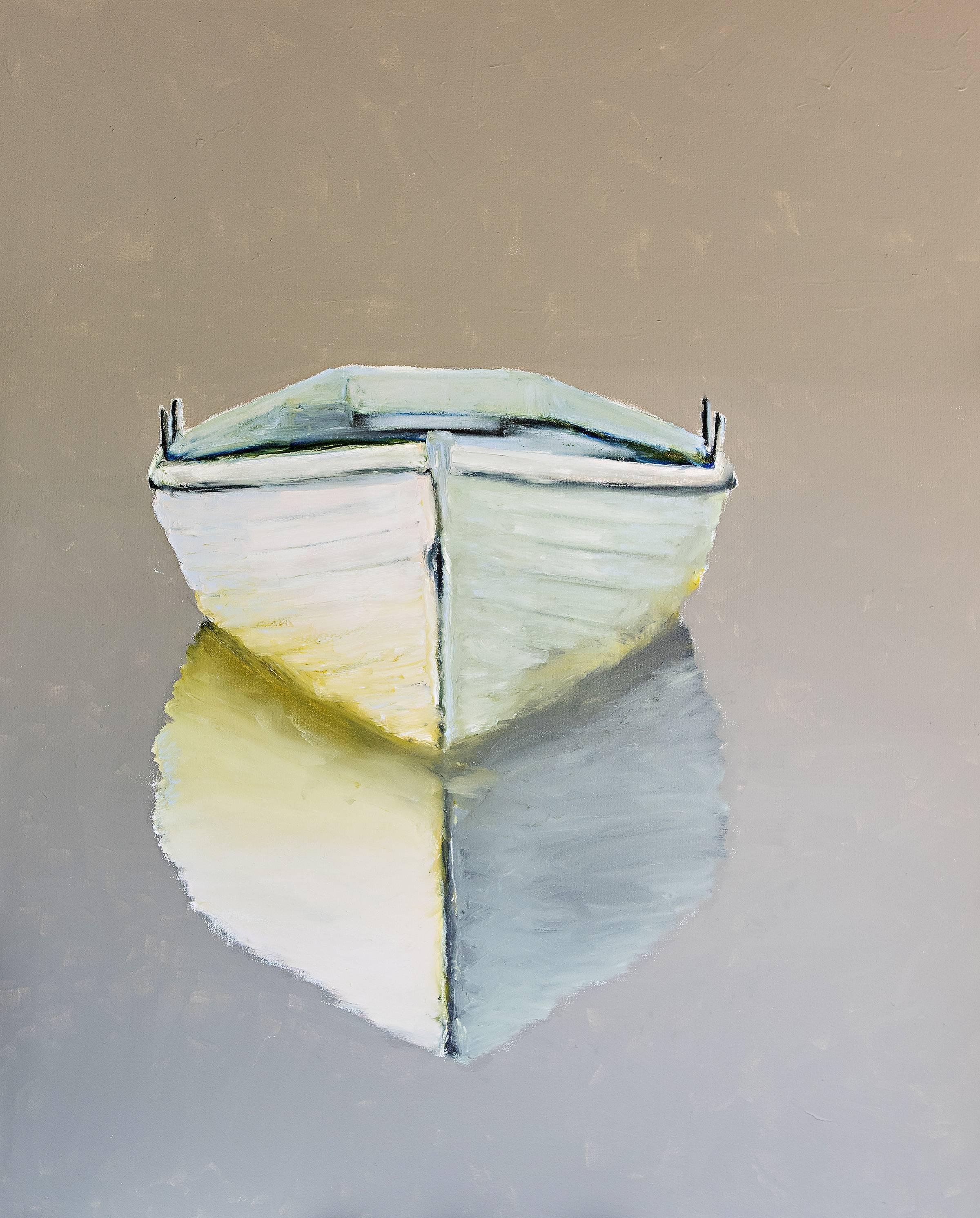 Carylon Killebrew Figurative Painting - Few Words, Large Vertical Contemporary Oil on Canvas Boat Painting