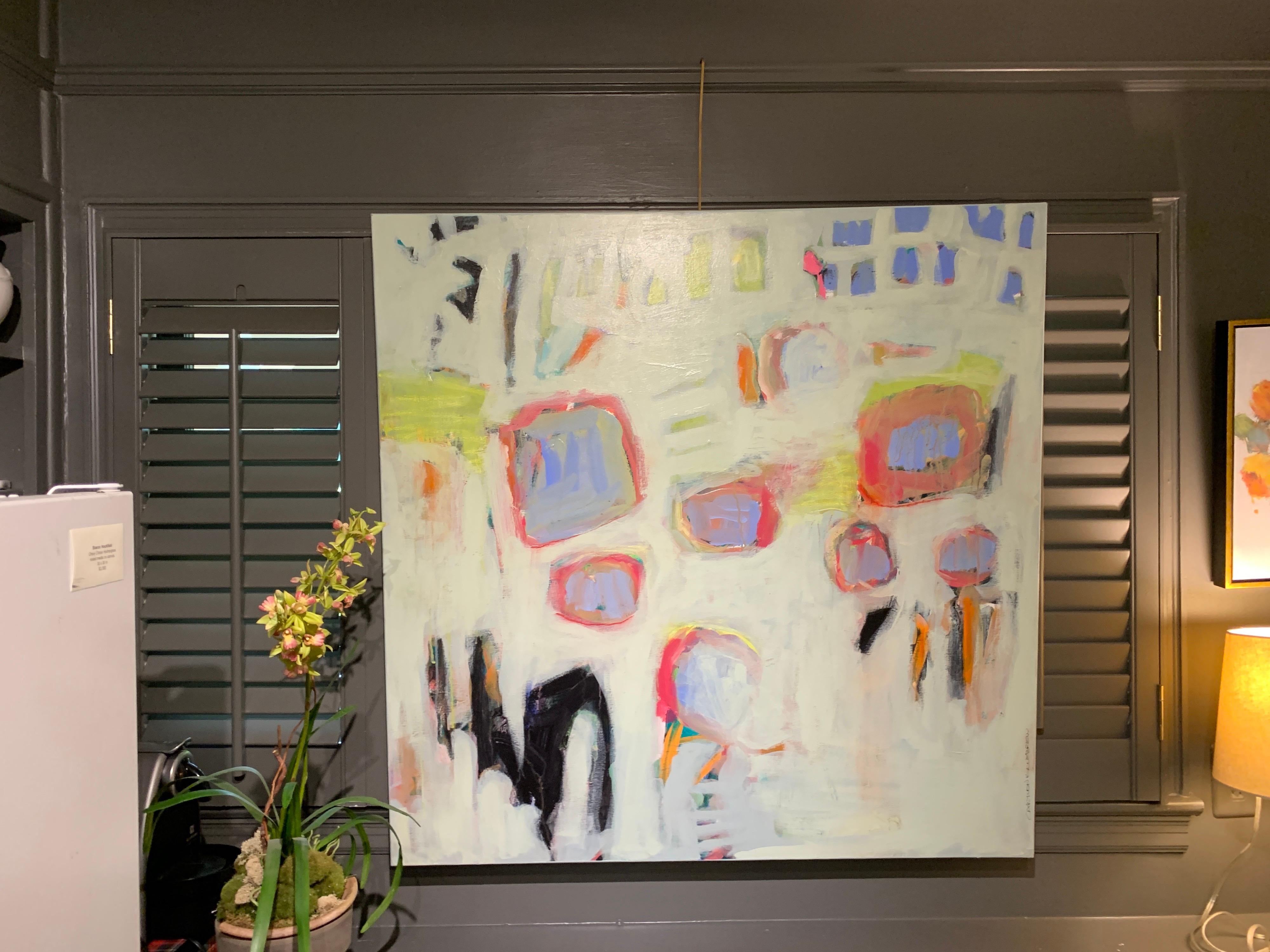 This contemporary piece by American artist Carylon Killebrew depicts an abstract view of the artist's garden.  The palette is made up of  cream, pink, blue, green and neutrals in the palette.  The artist uses her brush strokes to convey color and
