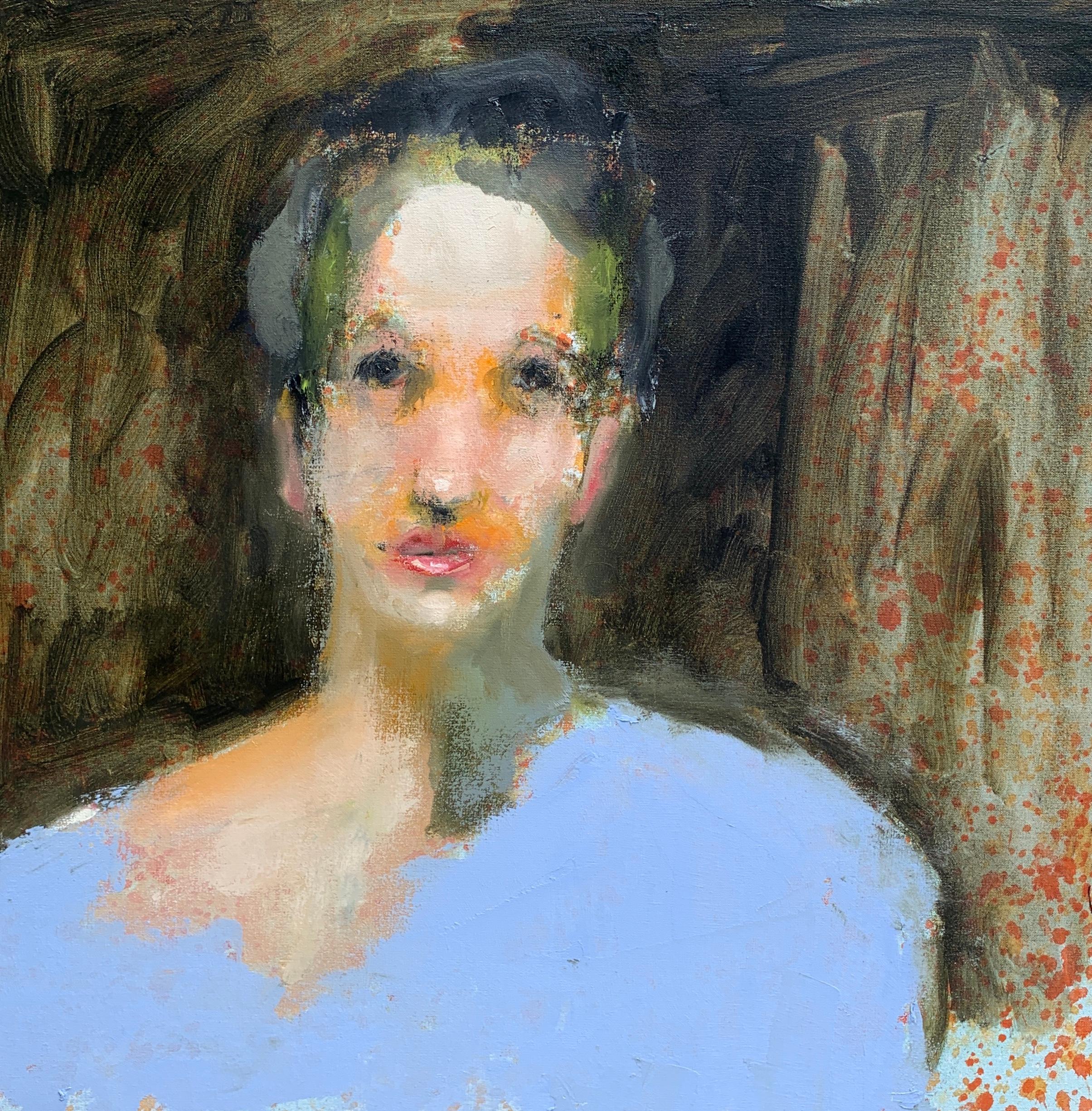 This contemporary figurative portrait by American artist Carylon Killebrew depicts a striking woman in blue looking directly at the viewer.  The palette is made up of a dark background with cream, pink, blue, green and neutrals in the palette.  The