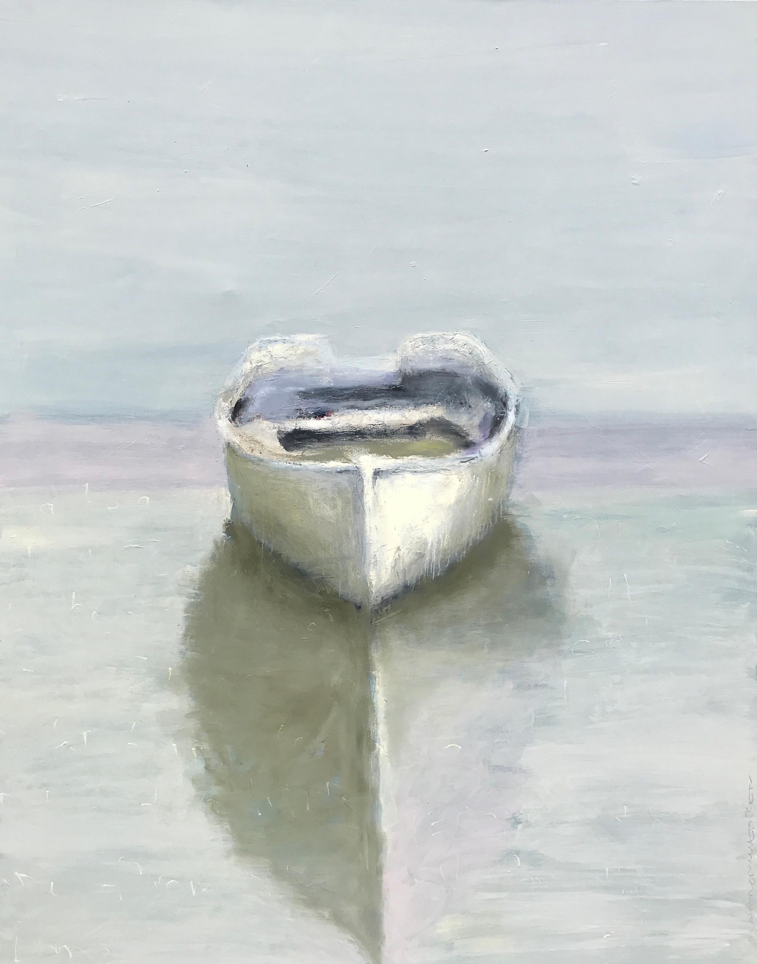 'Minimal Magnified' is a large contemporary mixed media on canvas boat painting created by American artist Carylon Killebrew in 2019. Featuring a lovely depiction of a humble canoe, the painting showcases a blue grey sky accented with purple tones,