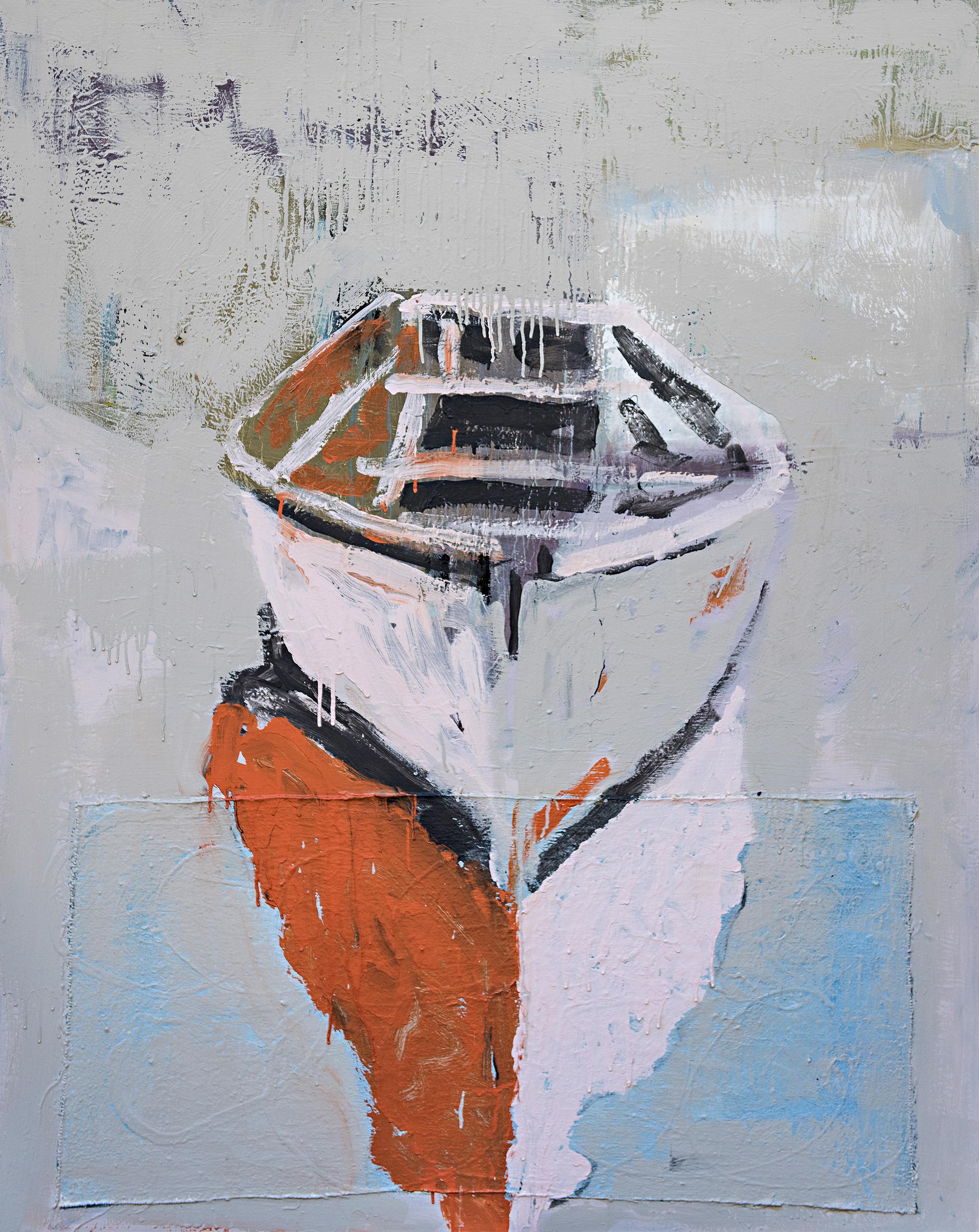 'My Treasure' is a large vertical mixed media on canvas boat painting created by American artist Carylon Killebrew in 2019. Featuring a palette made of white, grey, russet, light pink and blue tones, the painting centers our attention on a simple