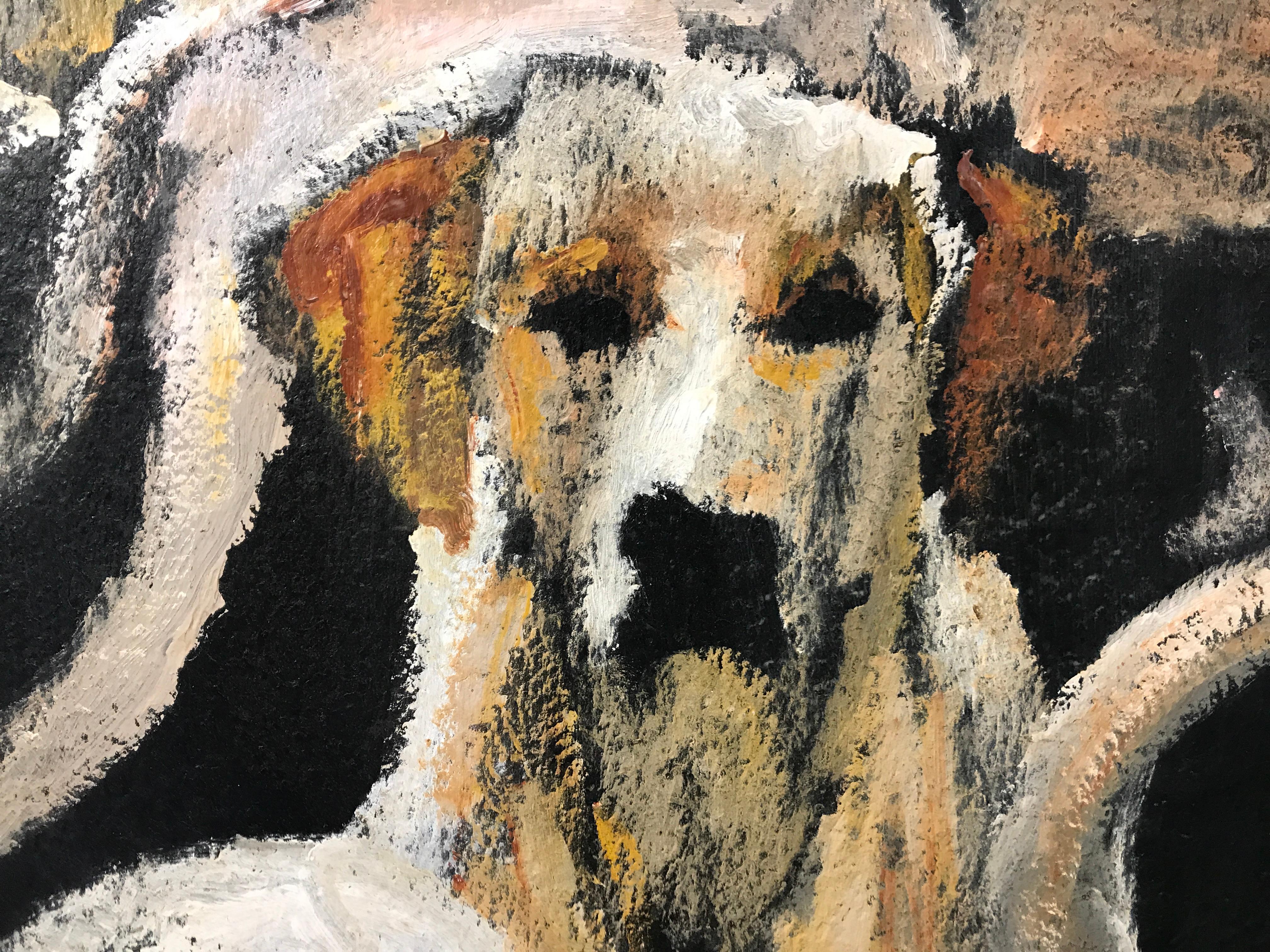 'Never Leave You' is a large framed contemporary mixed media on tar paper dog painting of vertical format created by American artist Carylon Killebrew in 2019. Featuring a palette made of russet, brown, black, white and beige tones, the painting