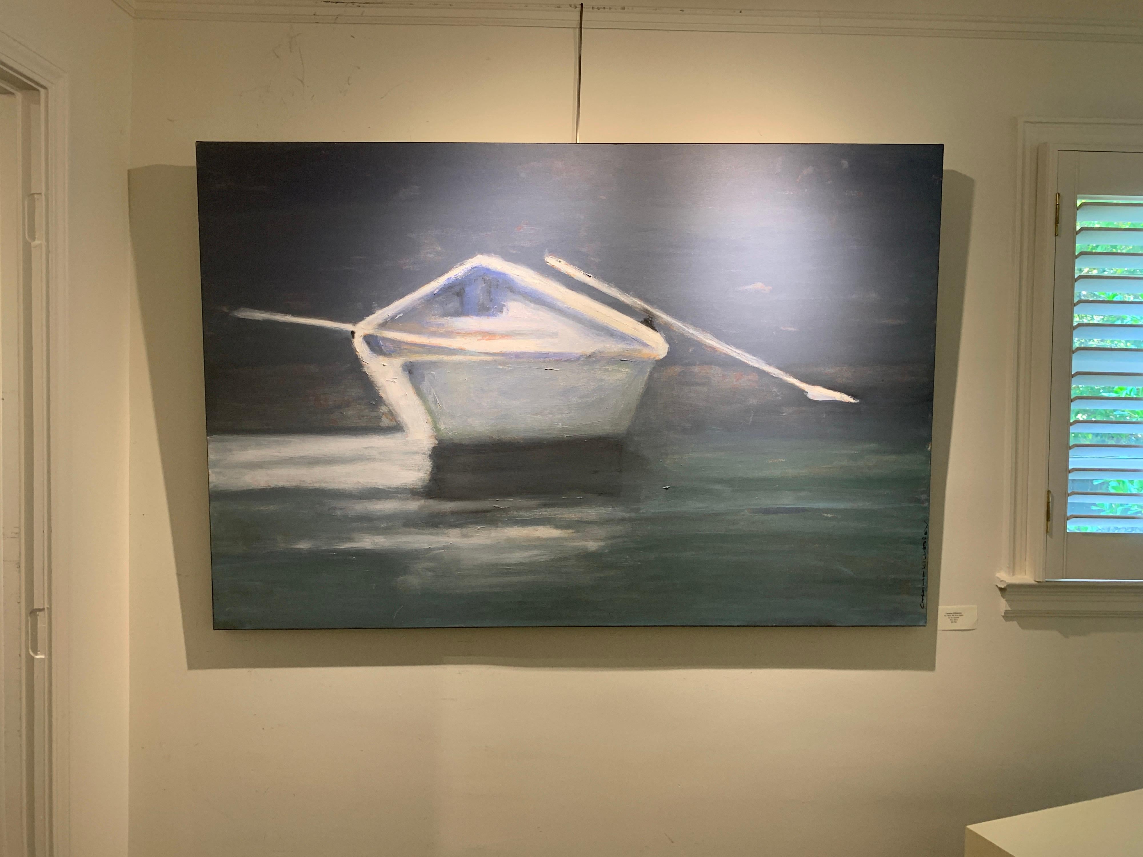 'So Here we Are Again' Large Contemporary Boat Oil on Canvas Painting - Blue Figurative Painting by Carylon Killebrew