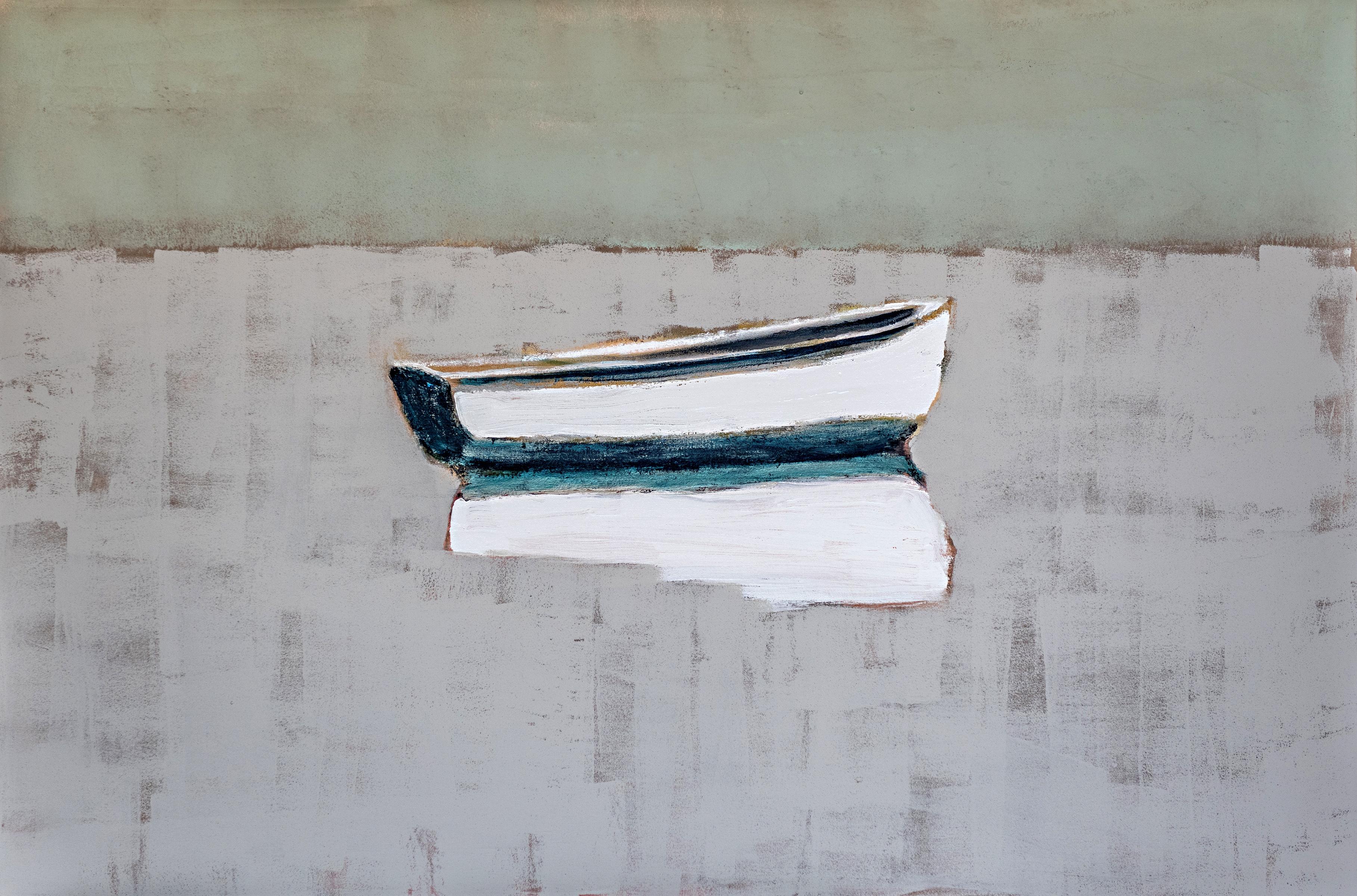 'Still the One' is a large horizontal mixed media on canvas boat painting created by American artist Carylon Killebrew in 2019. Featuring a palette made of white, grey, a touch of orange and blue tones, the painting centers our attention on a simple