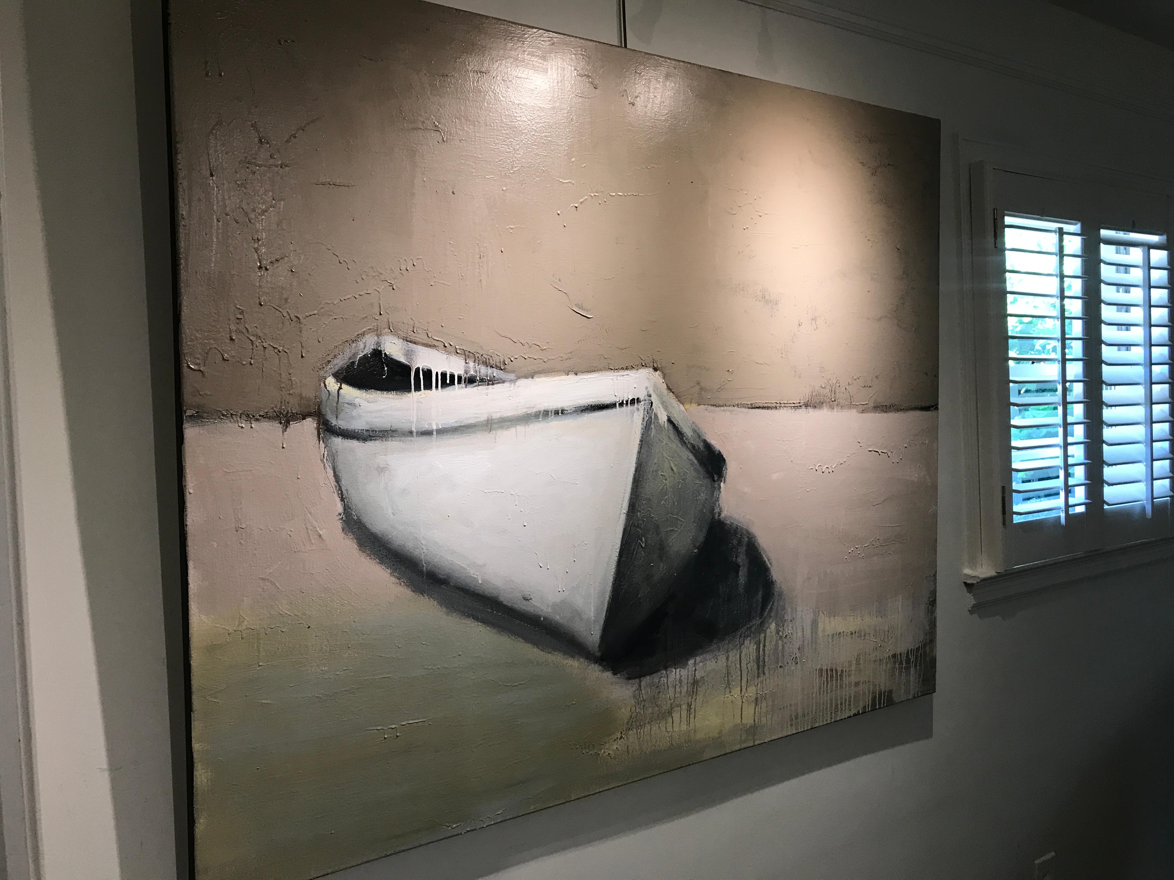 'The Water is Wide' Large Contemporary Boat Oil on Canvas Painting - Beige Landscape Painting by Carylon Killebrew