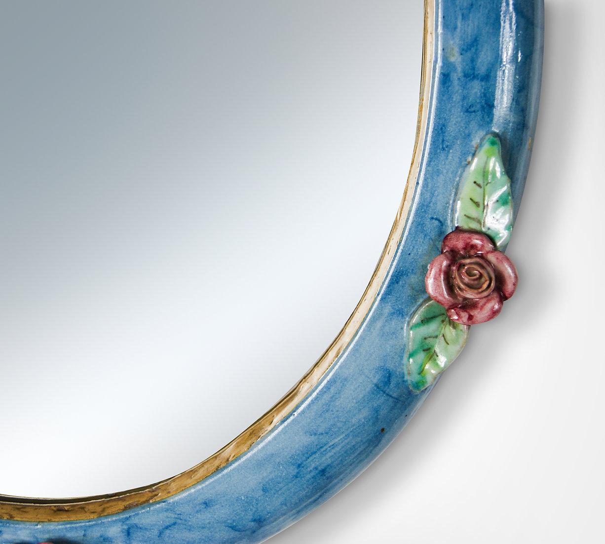 Mid-Century Modern C.A.S Vietri Italy Ceramic Wall Mirror with Flower Applique For Sale