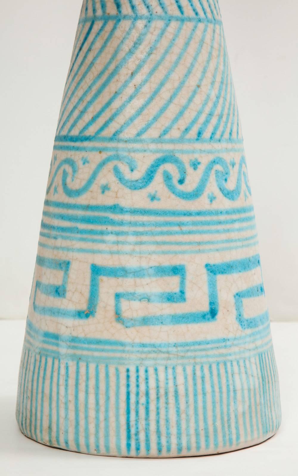 Ceramic cone lamp by C.A.S. Vietri.
Studio-built earthenware base with painted classic motif patterns in whites and turquoise. Signed on underside.
Lamp base diameter 7