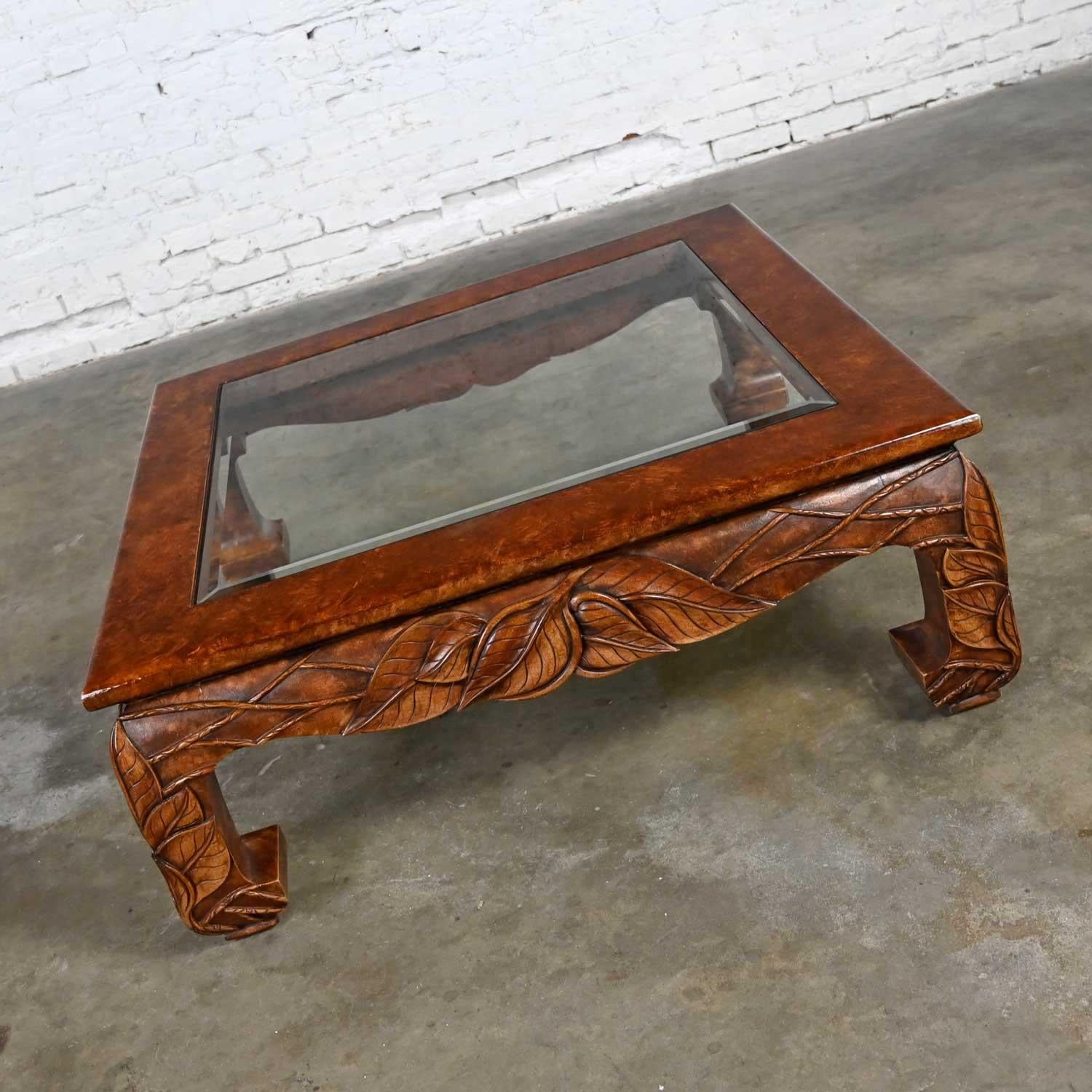 Casa Bique Chinoiserie Chow Leg Carved Square Coffee Table Attr Robert Marcius (Glas) im Angebot