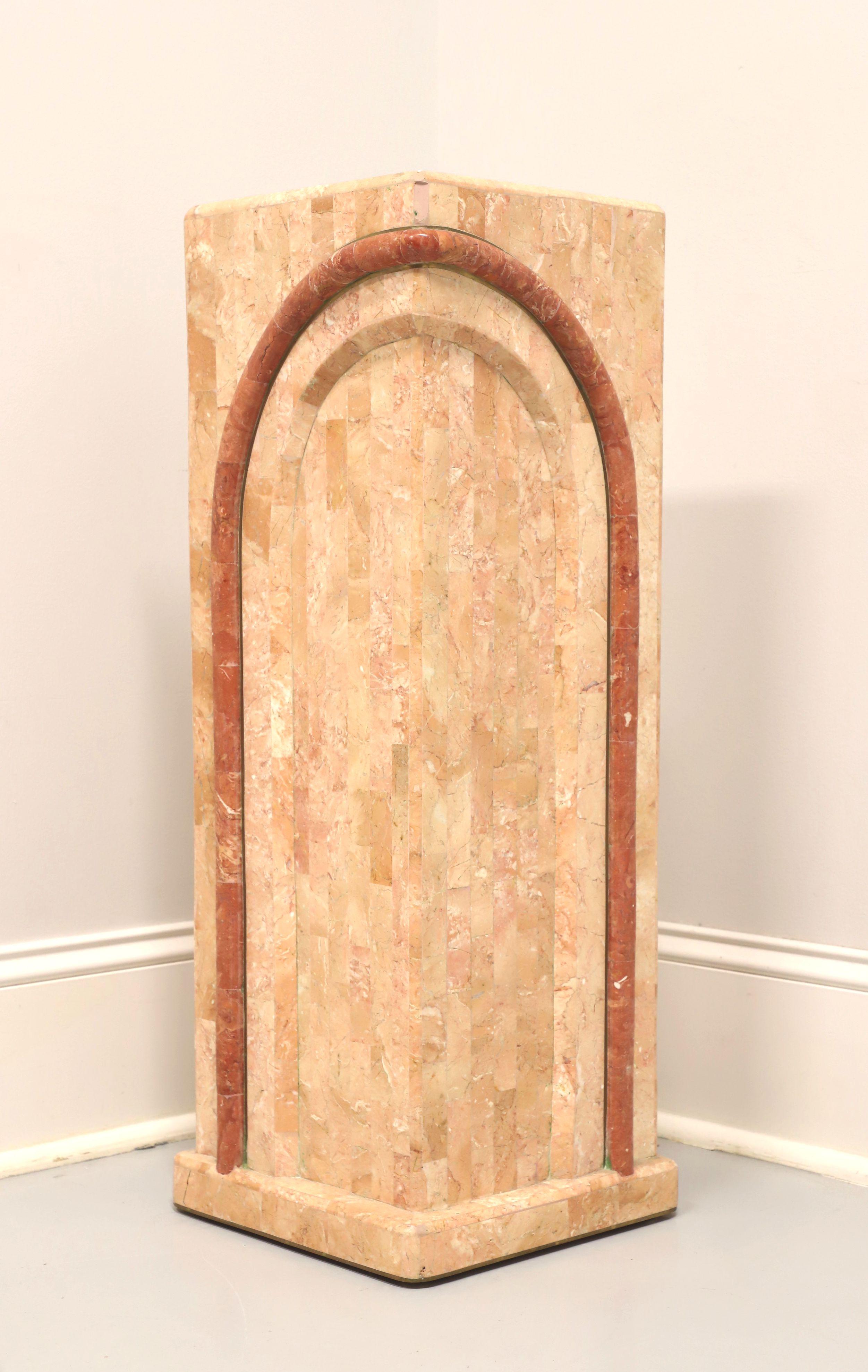 An Art Deco style display column / plant stand by Casa Bique, of Thomasville, North Carolina, USA. Tessellated pink marble forming a mosaic pattern, square shaped, flat surface top with banding of different shades of pink marble, and solid column
