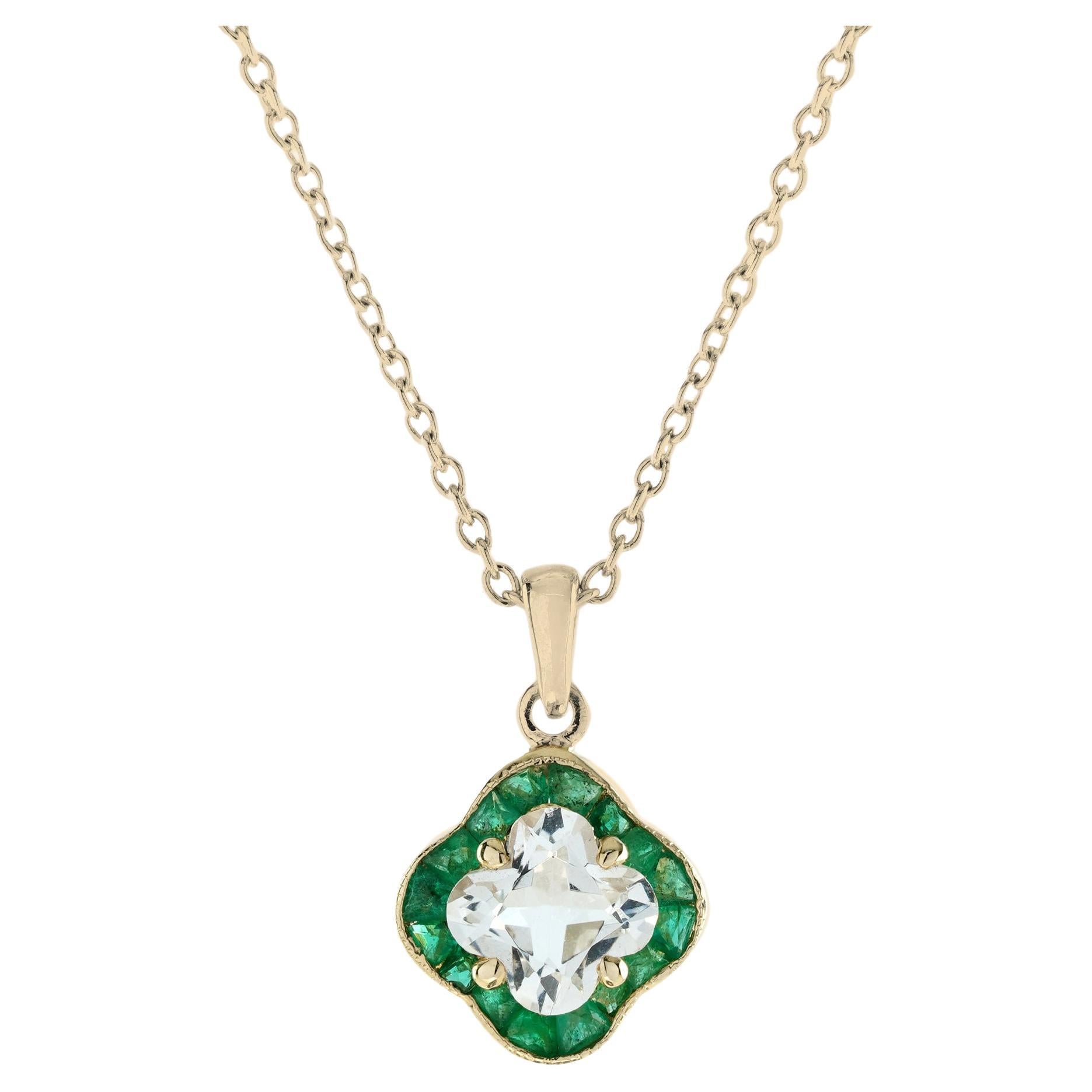 Casa Blanca Lily Cut White Topaz and Emerald Pendant Necklace in 14K Yellow Gold For Sale