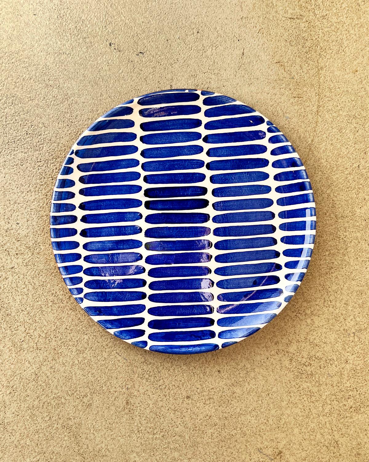 Hand-Crafted Casa Cubista Blue Dash Striped Terracotta Dinner Plates For Sale