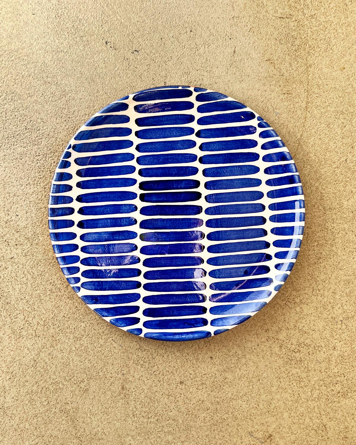 Hand-Painted Casa Cubista Blue Dash Striped Terracotta Dinner Plates For Sale