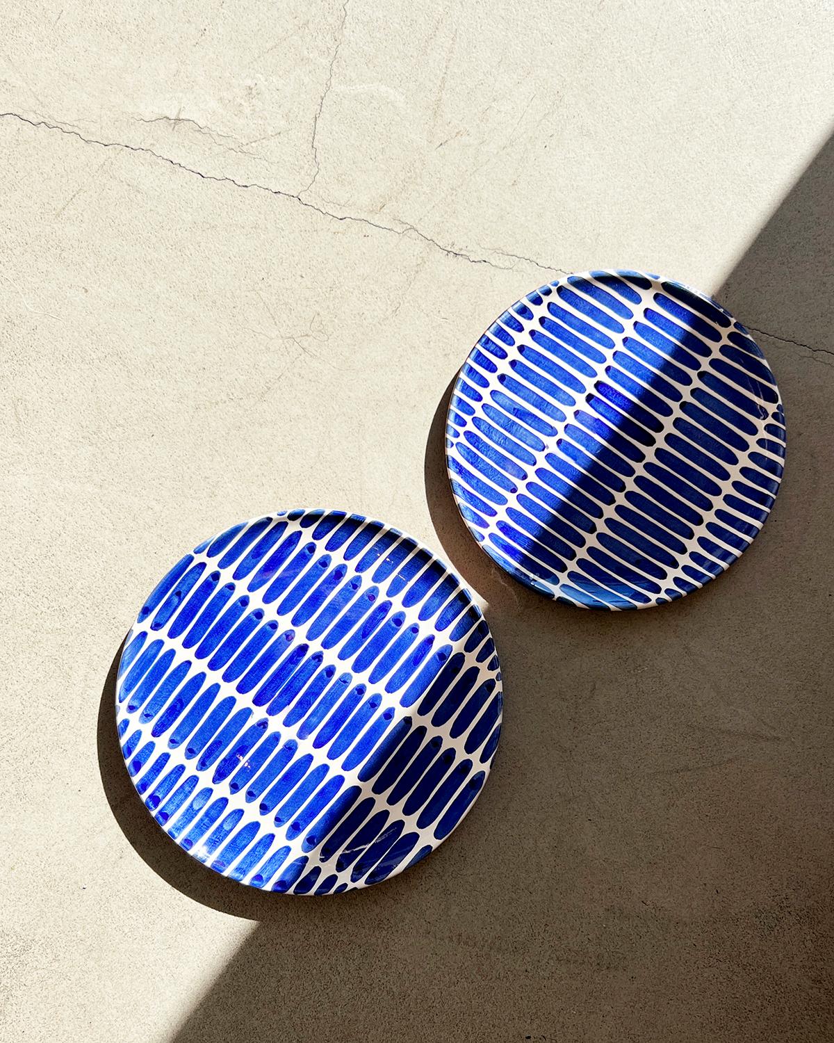 Hand-Crafted Casa Cubista Blue Dash Striped Terracotta Salad Plates For Sale