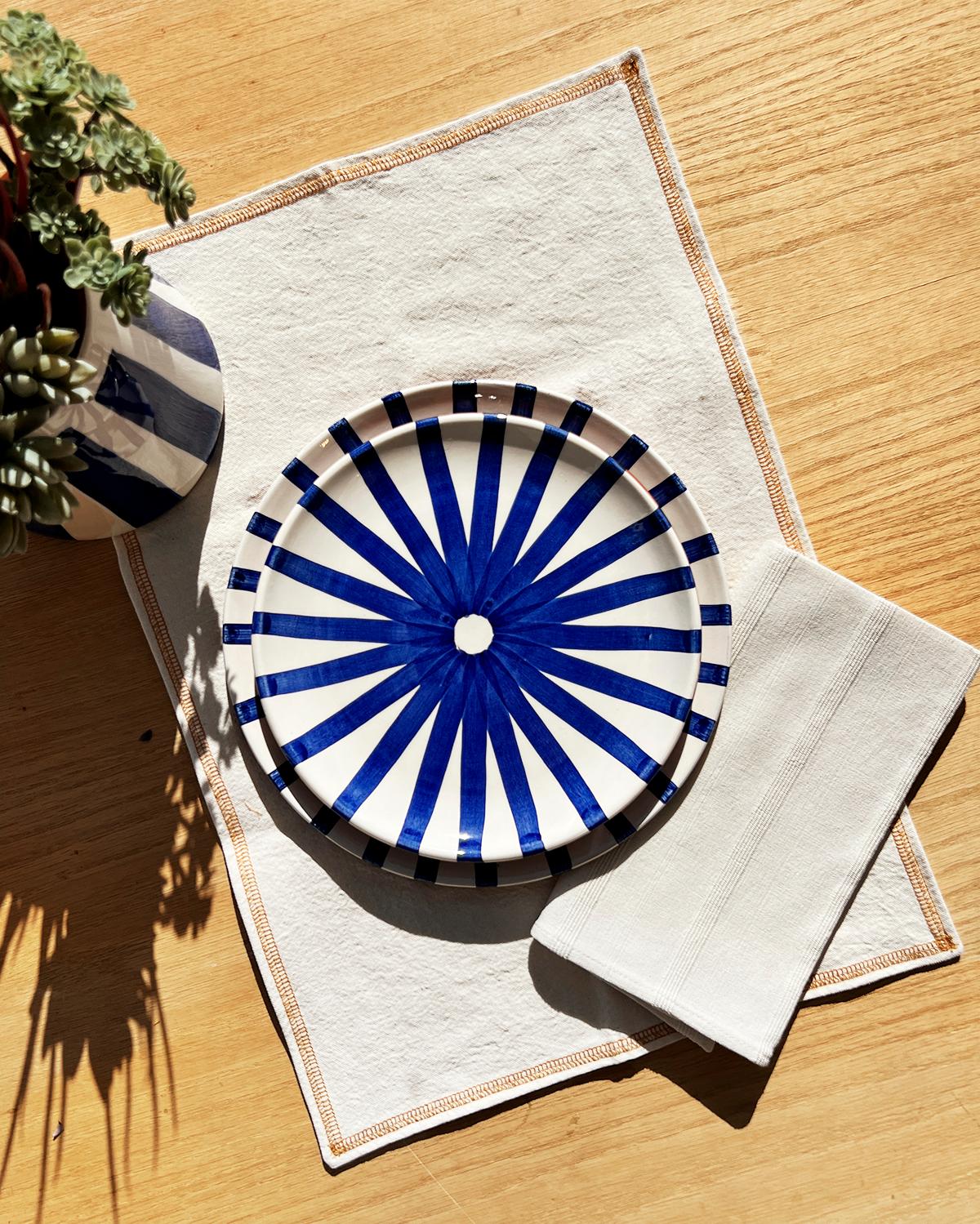 Portuguese Casa Cubista Blue Ray Striped Terracotta Dinner Plates For Sale