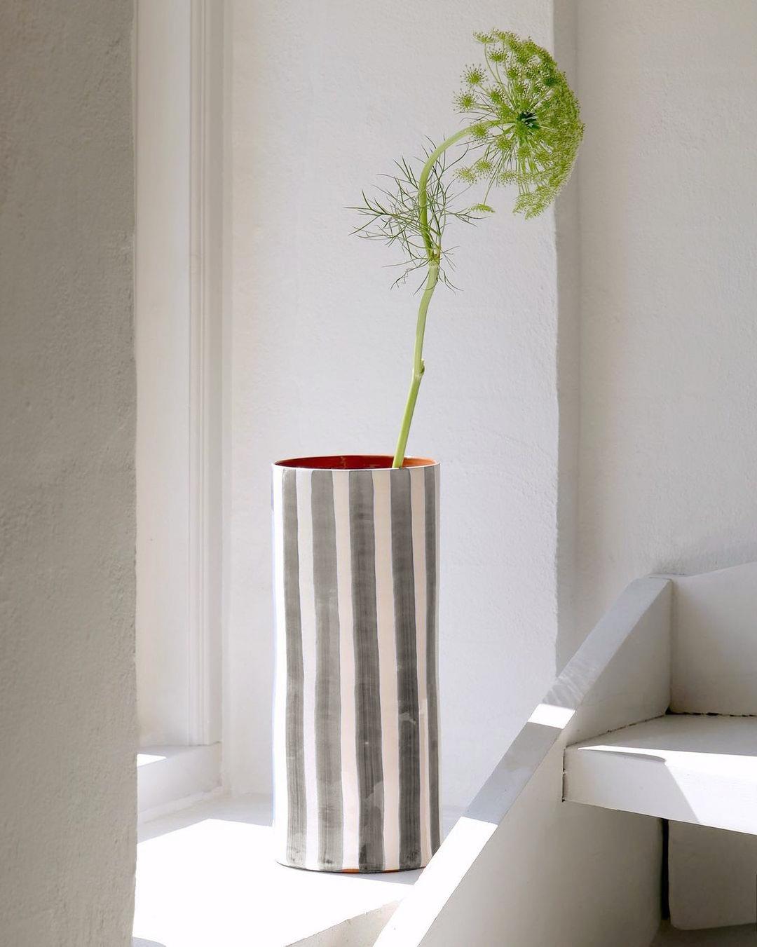 Portuguese Casa Cubista Bold Striped Gray Vase, Ceramic Handmade in Portugal For Sale