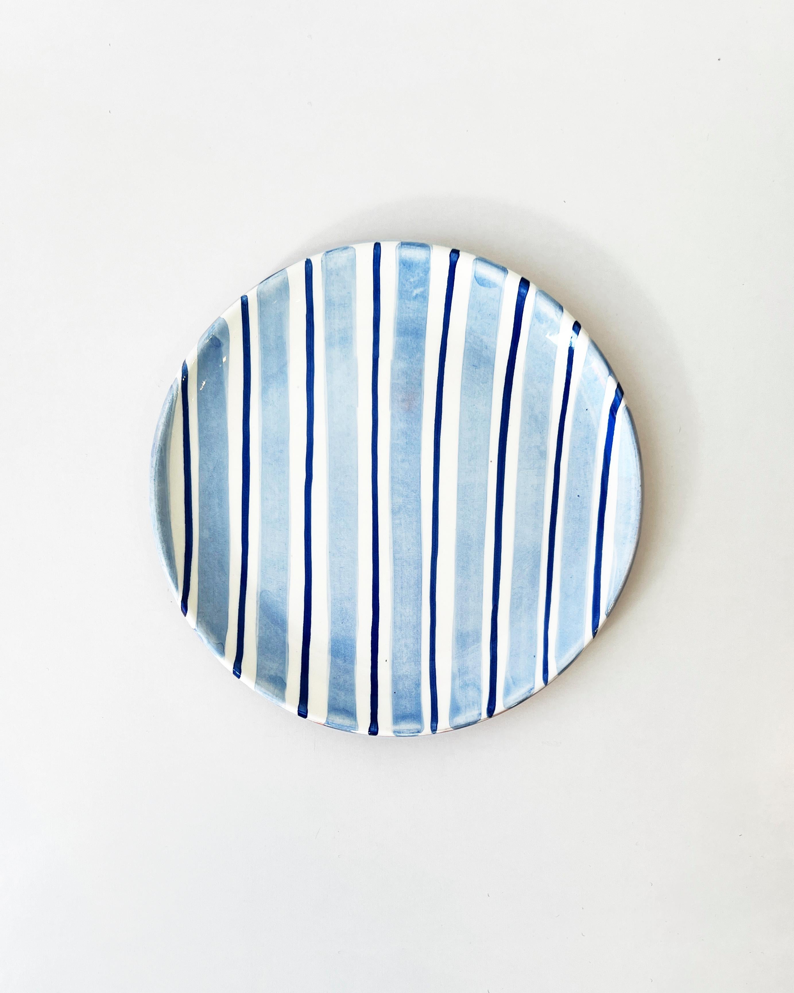 Portuguese Casa Cubista Cabana Blue Striped Terracotta Salad Plates For Sale