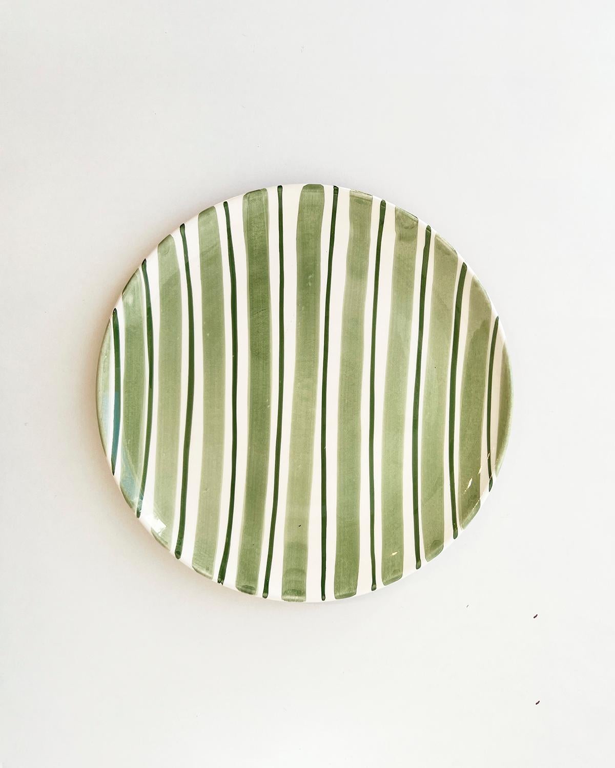 Hand-Crafted Casa Cubista Cabana Green Striped Terracotta Dinner Plates For Sale