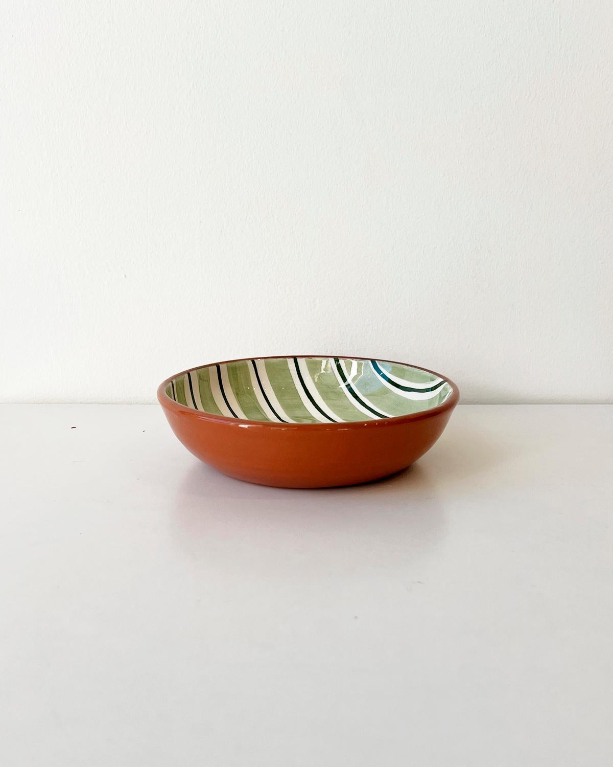 Portuguese Casa Cubista Cabana Green Striped Terracotta Dinnerware Bowls For Sale