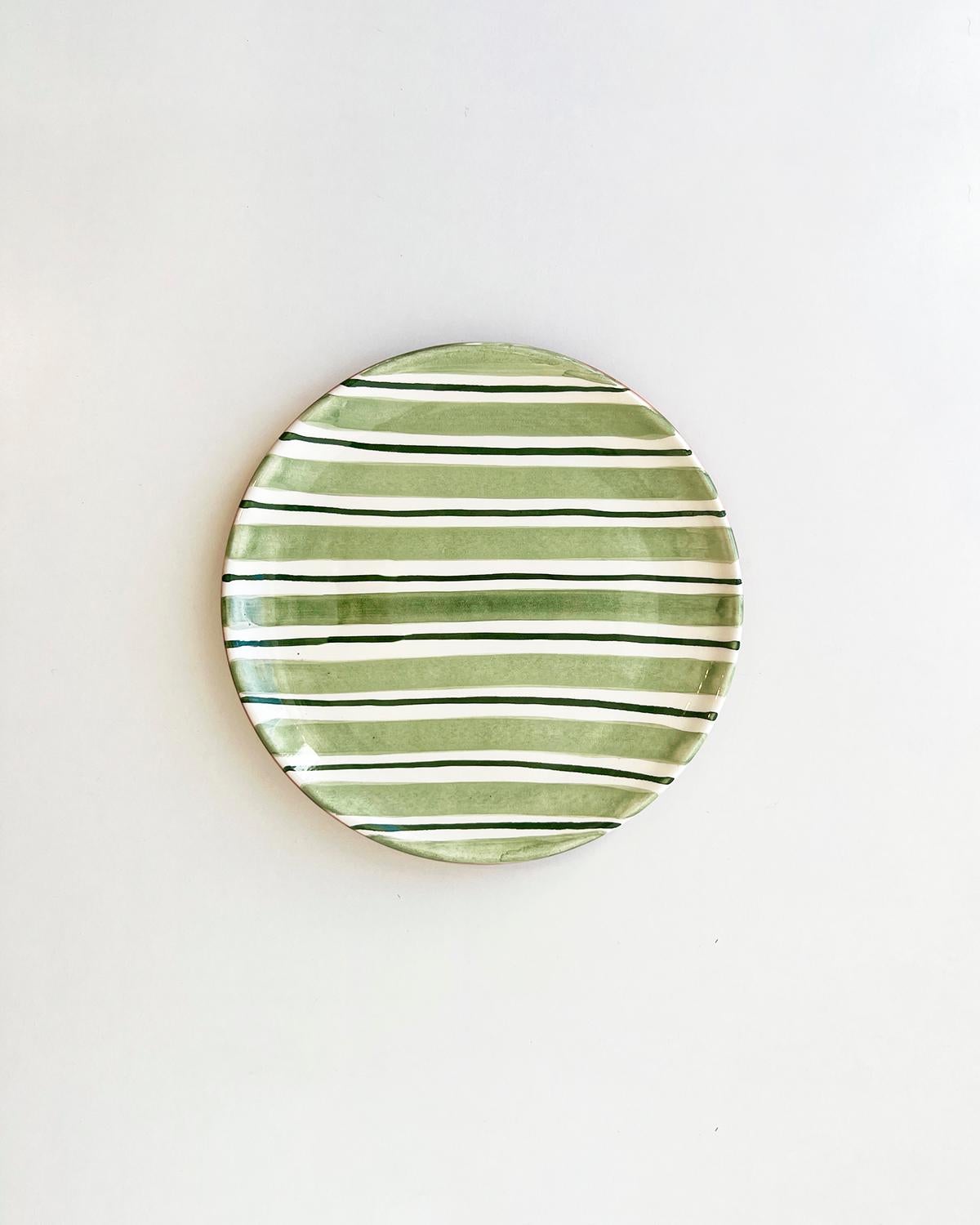 Hand-Crafted Casa Cubista Cabana Green Striped Terracotta Salad Plates For Sale