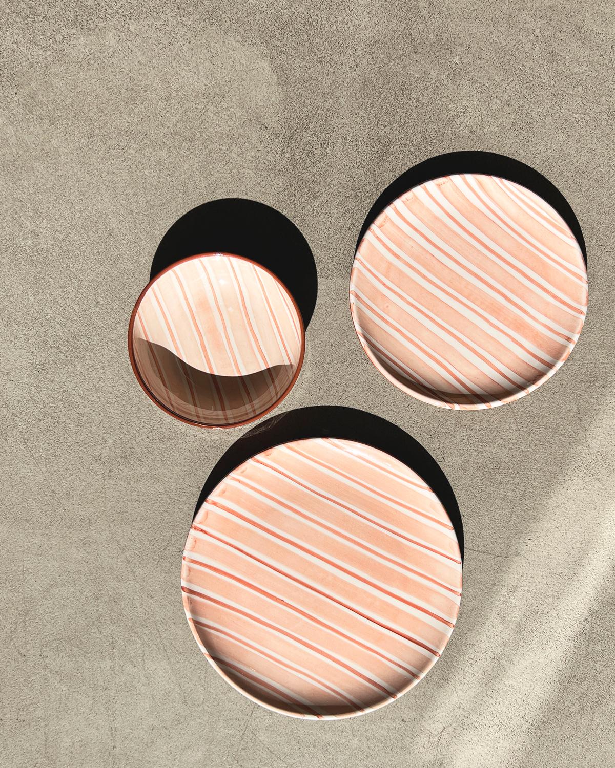 Hand-Crafted Casa Cubista Cabana Pink Striped Terracotta Dinner Plates For Sale
