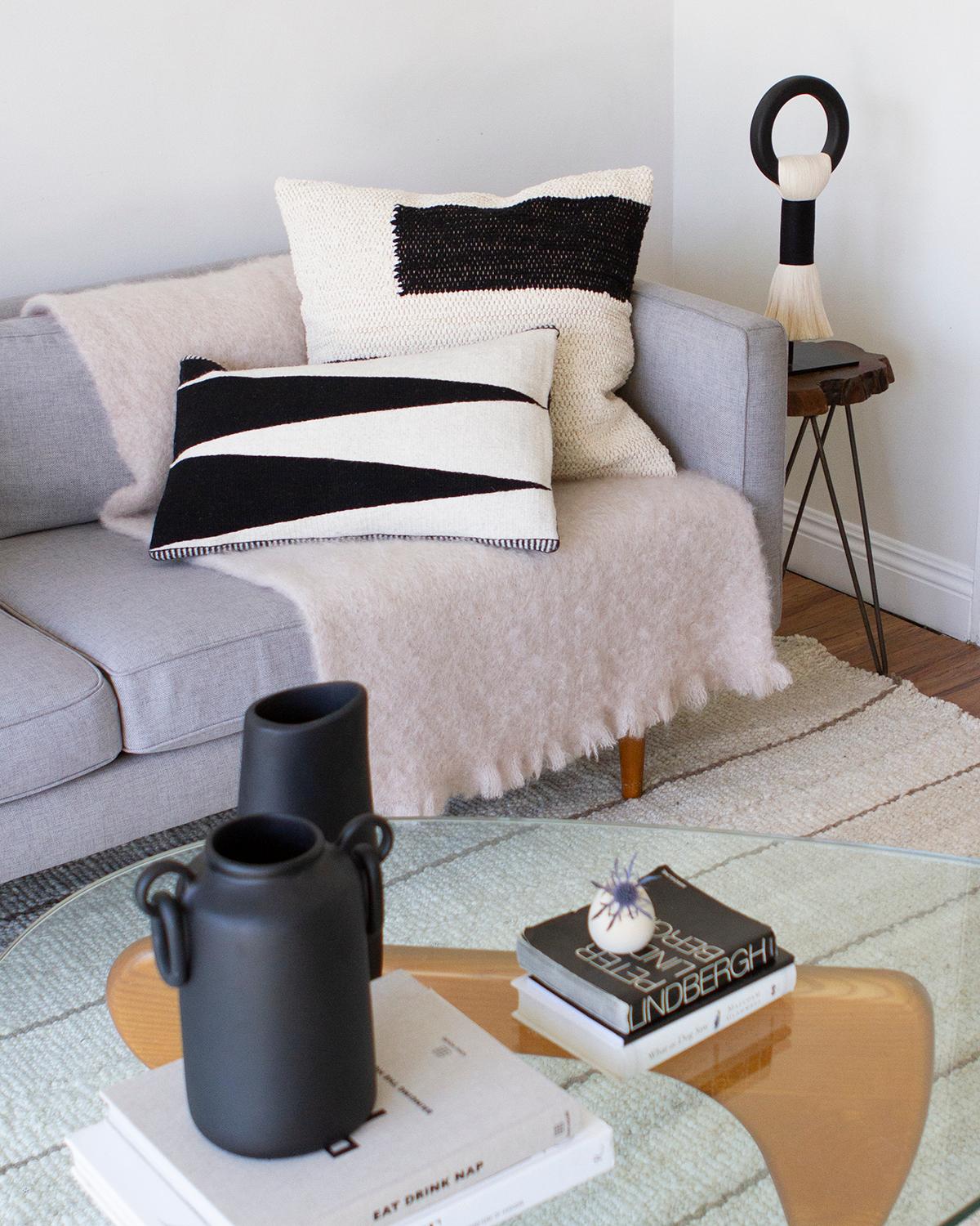 Portuguese Casa Cubista Handwoven Cotton Black and White Maze Throw Pillow, in Stock