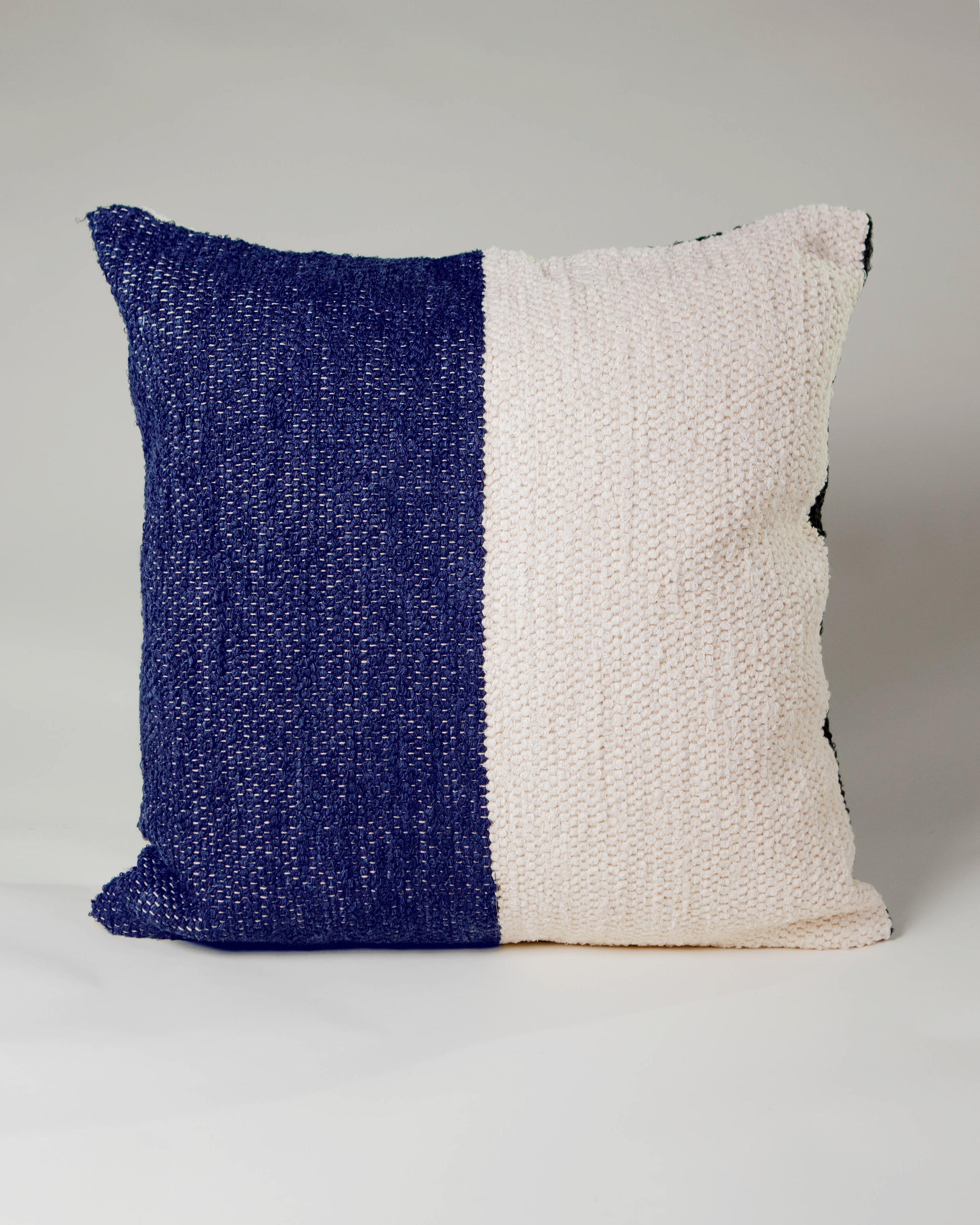Organic Modern Casa Cubista Handwoven Cotton Navy and White Color Block Throw Pillow, in Stock For Sale