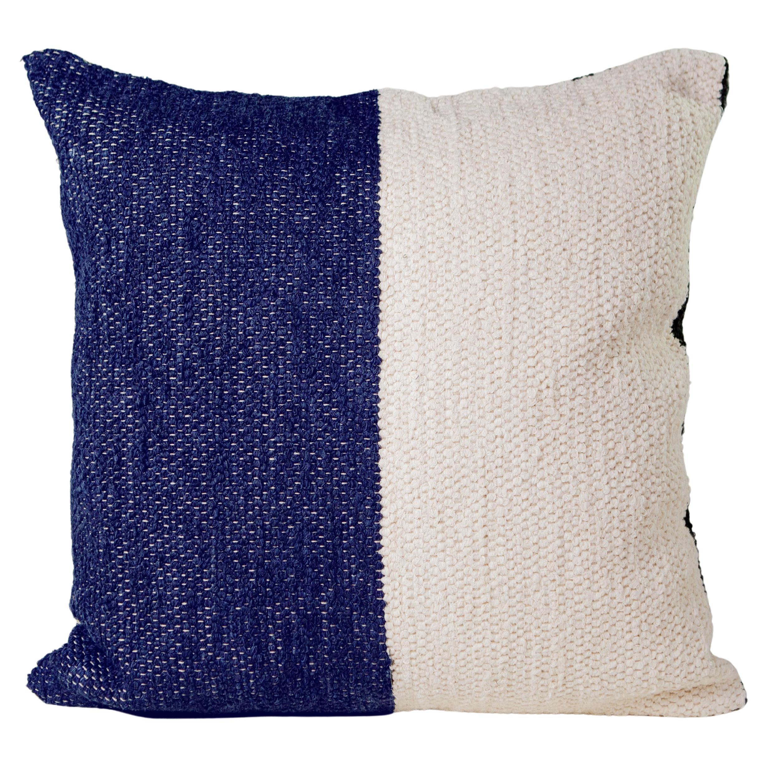 Casa Cubista Handwoven Cotton Navy and White Color Block Throw Pillow, in Stock For Sale
