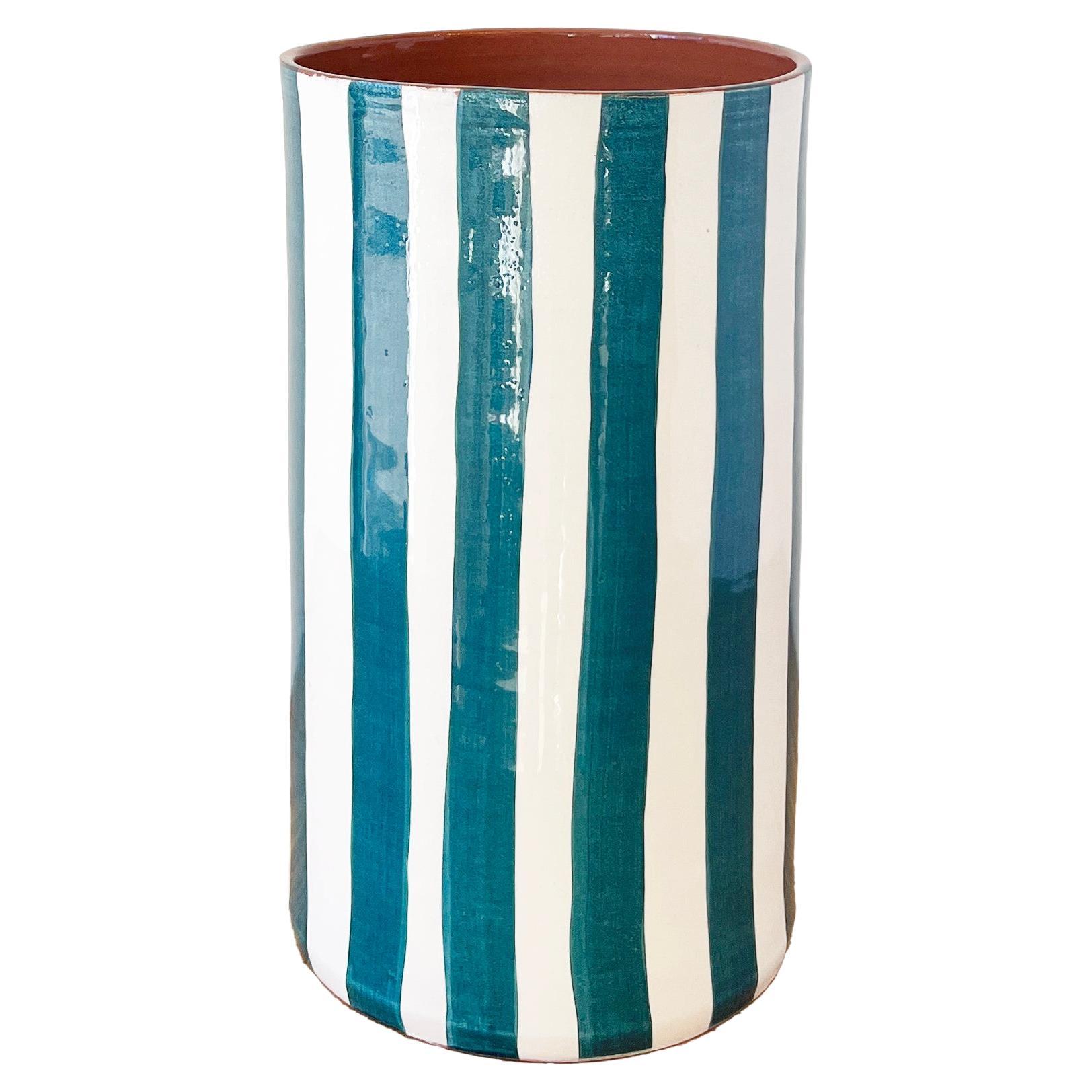 Casa Cubista Medium Bold Stripe Vase in Teal and White For Sale