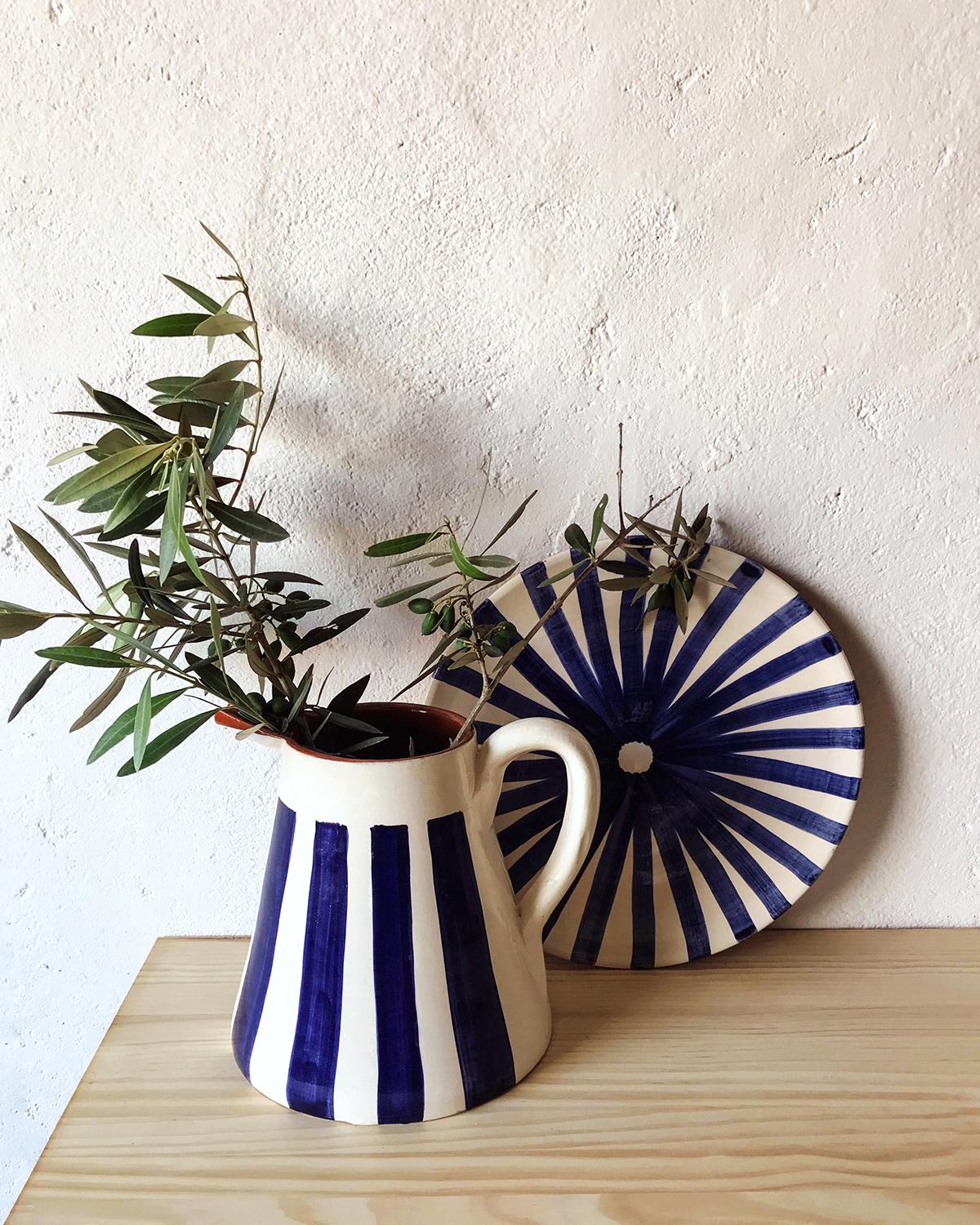 Portuguese Casa Cubista Medium Striped Handmade Pitcher in Blue and White For Sale