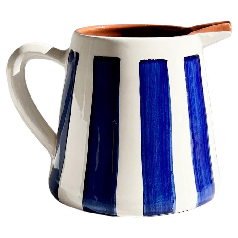 Casa Cubista Medium Striped Handmade Pitcher in Blue and White For Sale