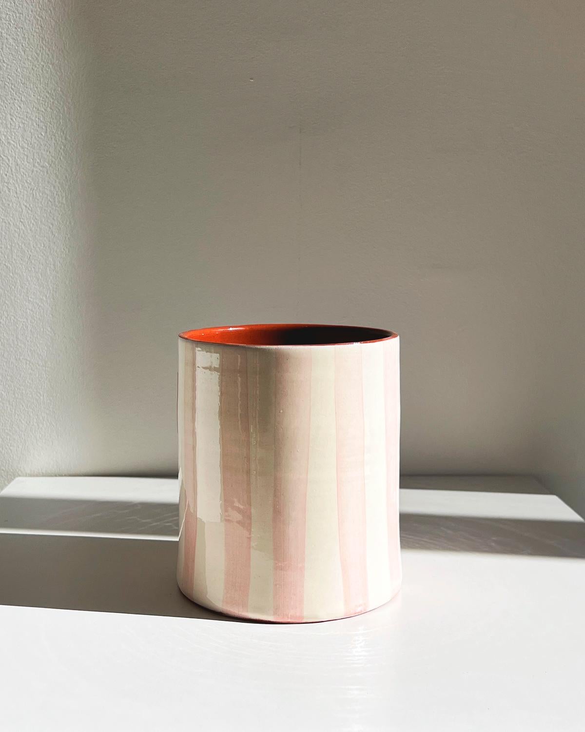Portuguese Casa Cubista Small Bold Stripe Handmade Vase in Mauve Pink For Sale