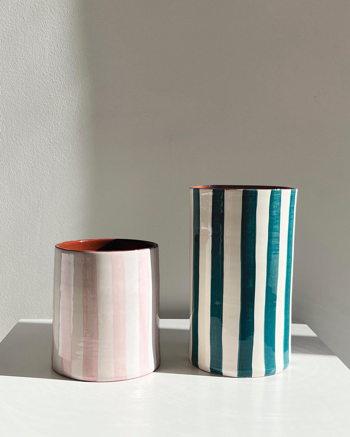 Organic Modern Casa Cubista Small Bold Stripe Handmade Vase in Mauve Pink For Sale