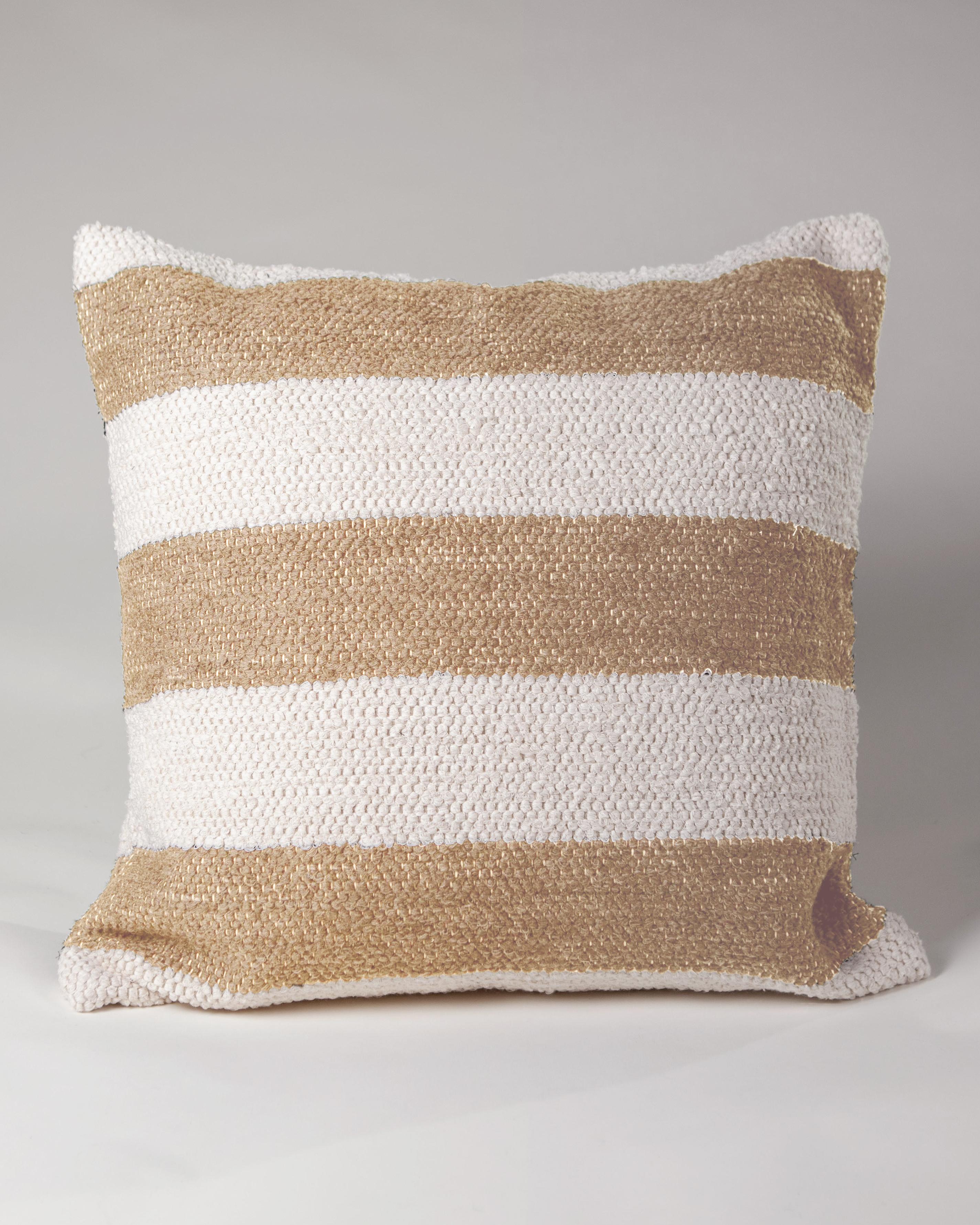 Portuguese Casa Cubista Textured Cotton Camel Beige Stripe Throw Pillow, In Stock For Sale
