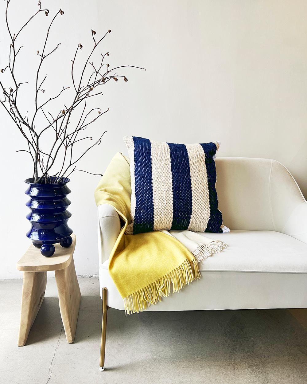 Organic Modern Casa Cubista Textured Cotton Navy Stripe Throw Pillow, In Stock For Sale