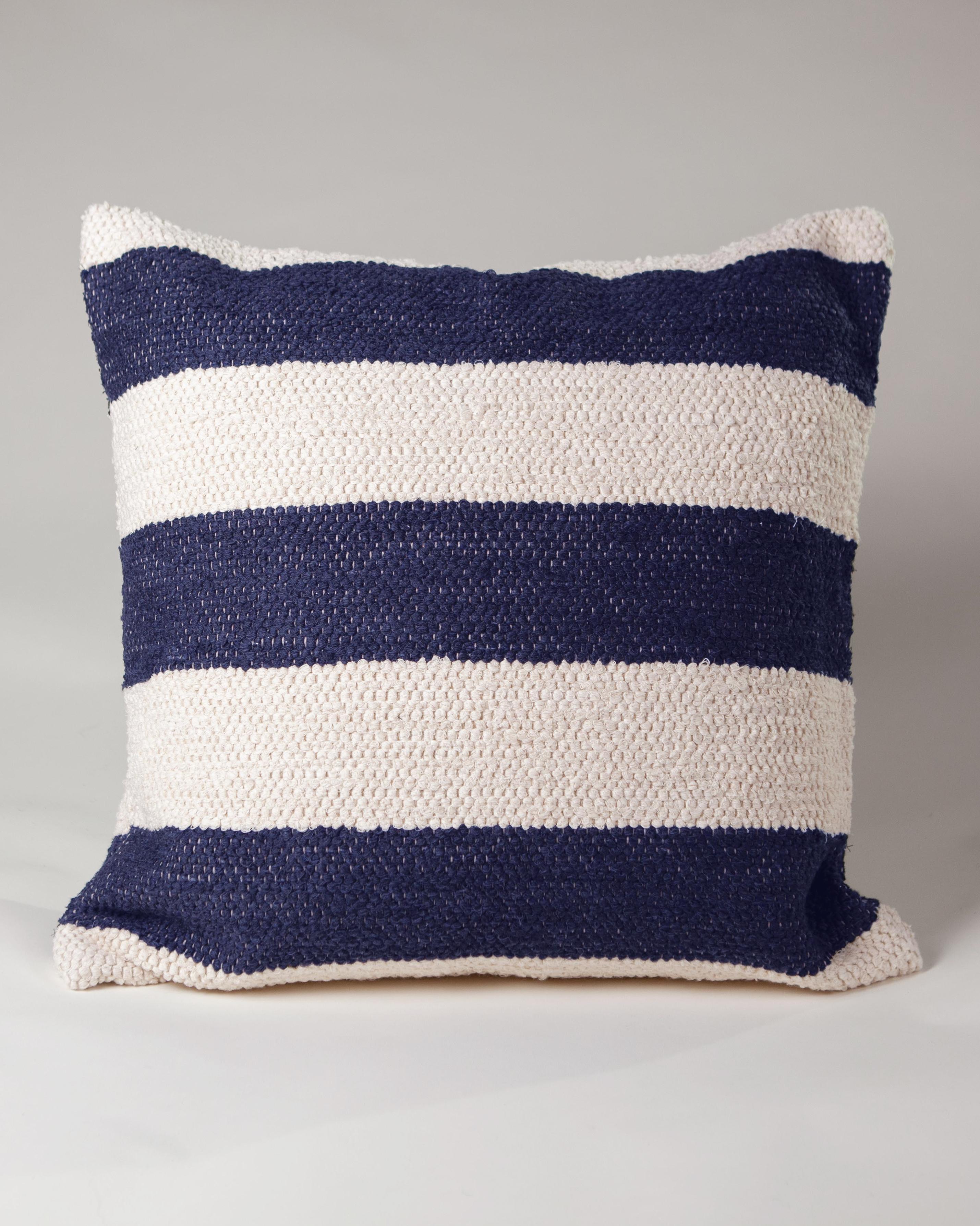 Hand-Woven Casa Cubista Textured Cotton Navy Stripe Throw Pillow, In Stock For Sale
