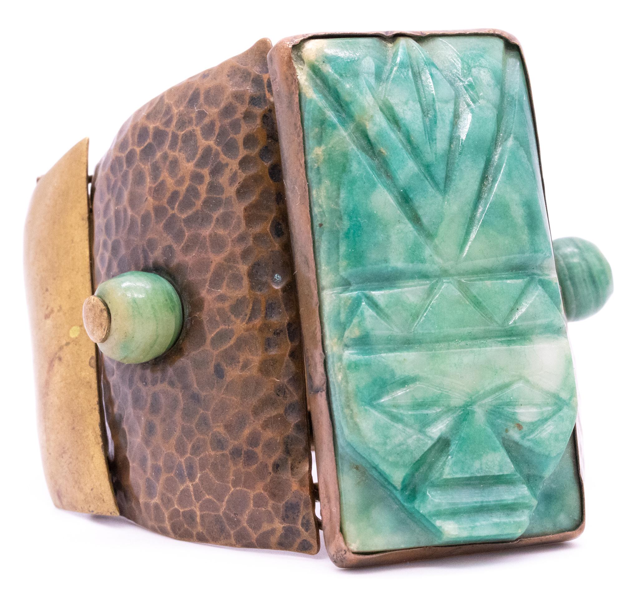 Casa De Maya 1950 Mexico Mixed Metals Statement Bracelet With Green Jade For Sale 1