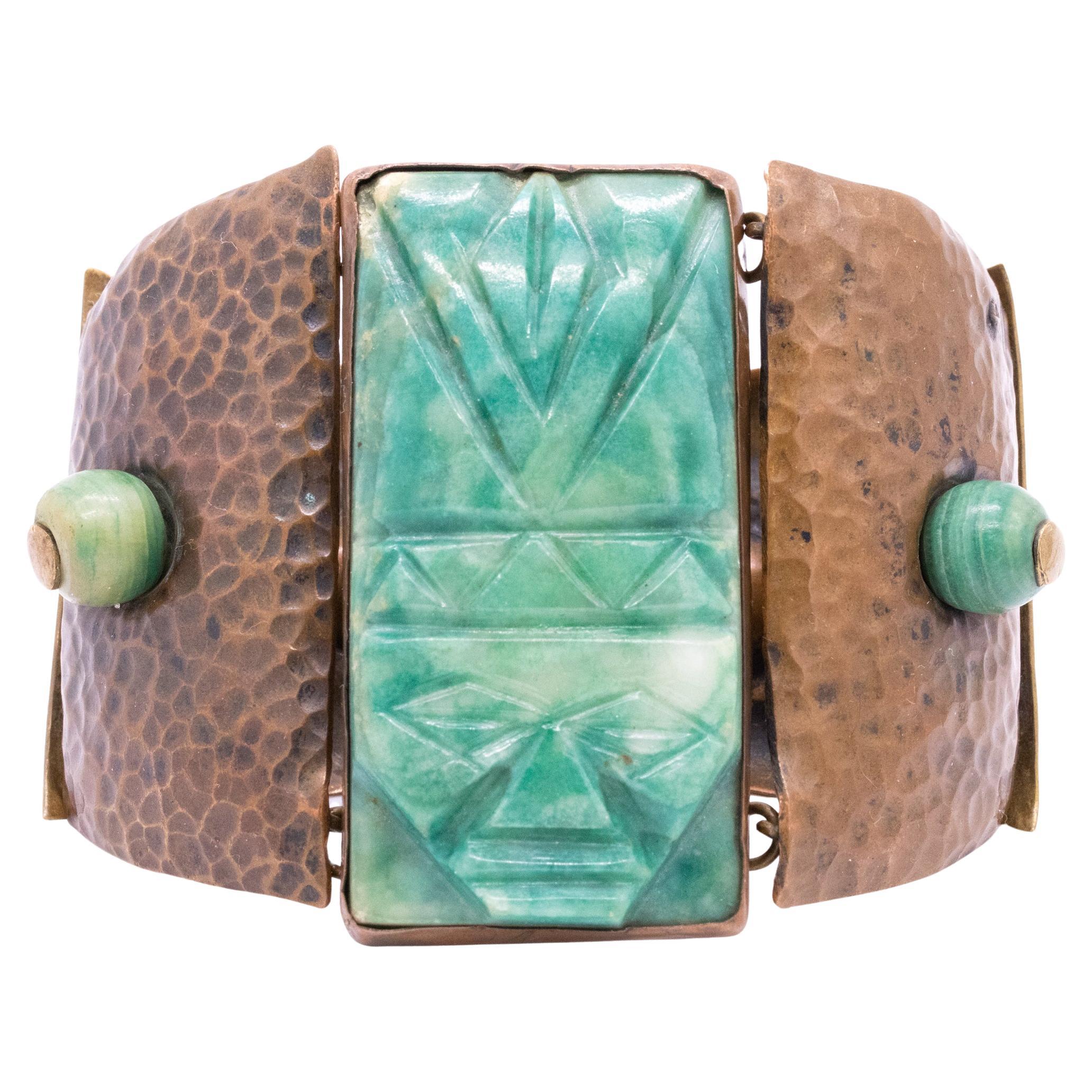 Casa De Maya 1950 Mexico Mixed Metals Statement Bracelet With Green Jade For Sale