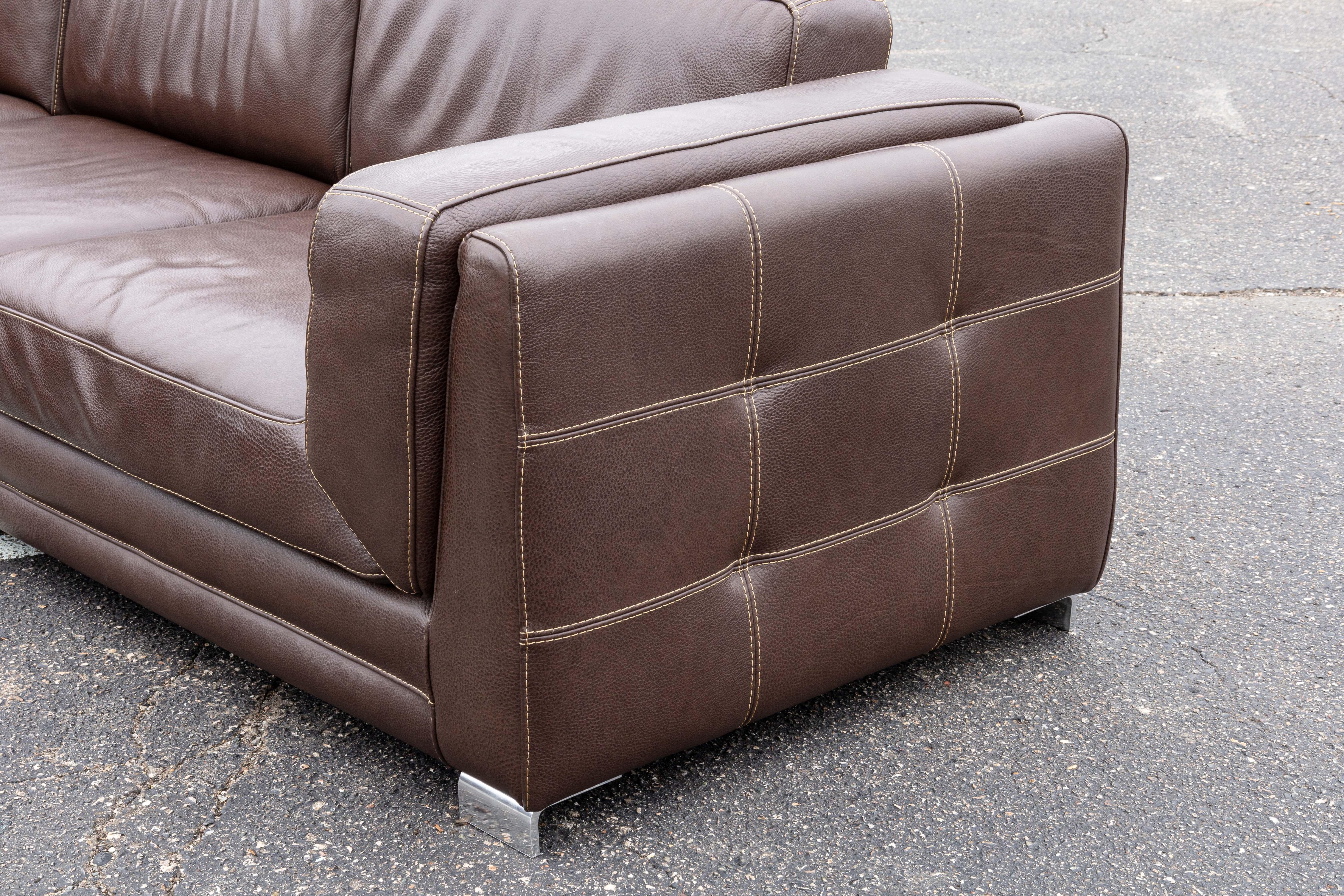 20th Century Casa Novalia Contemporary Modern Brown Leather Sectional Sofa with Chrome Legs