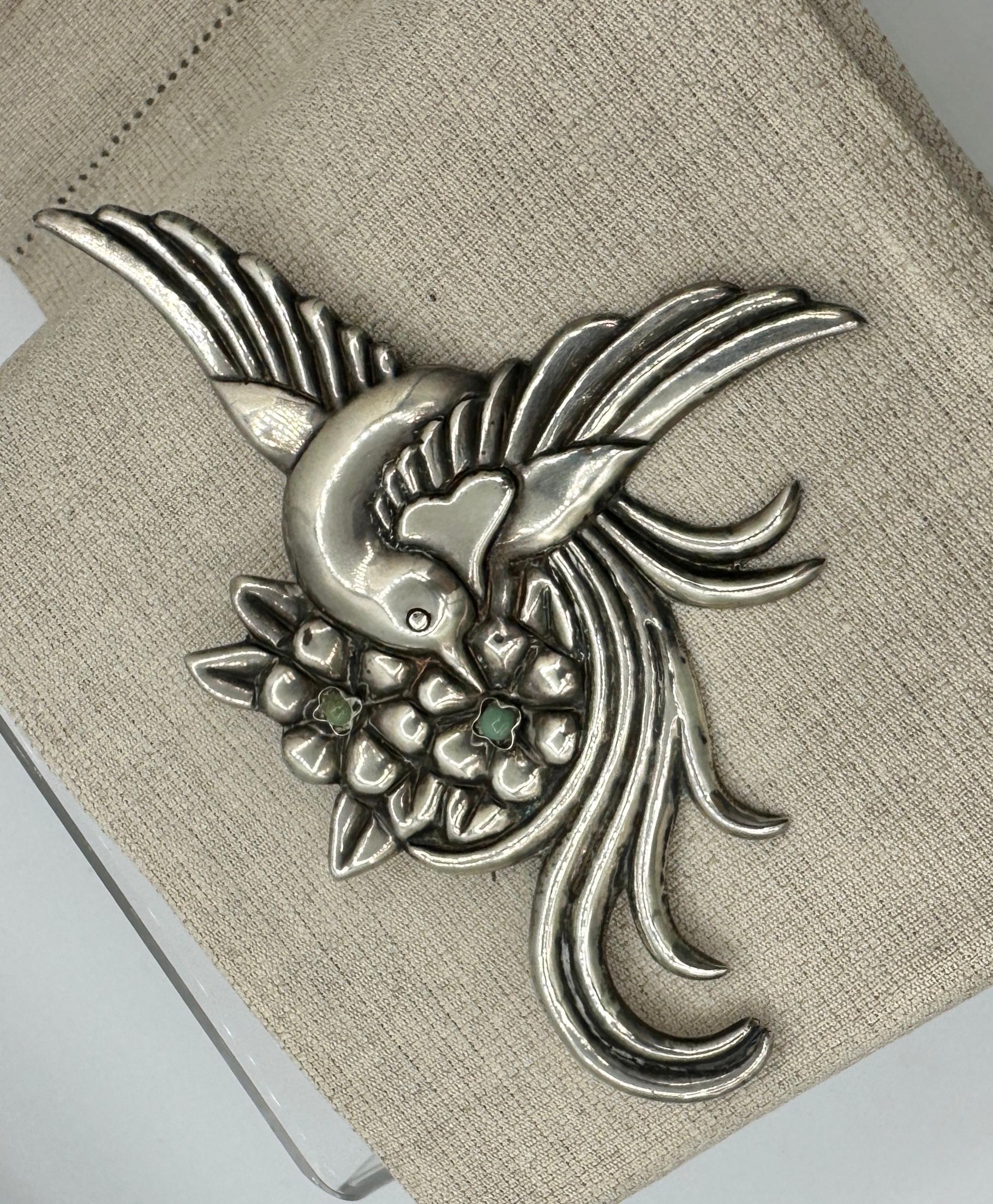 Casa Prieto 5.25 Inch Bird of Paradise Brooch Turquoise Mid Century Mexico For Sale 1