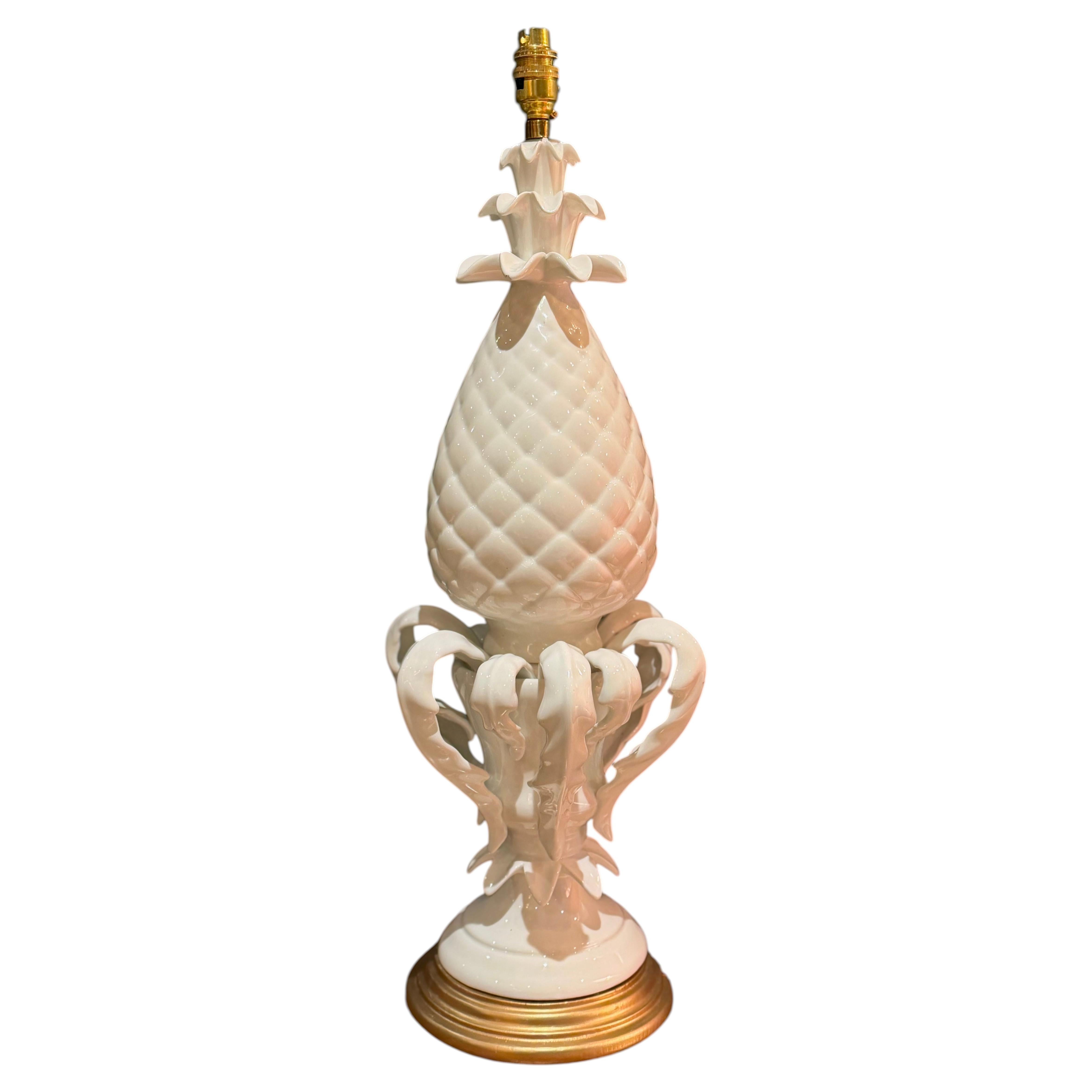 Casa Pupo Large Spanish Glazed Ceramic Pineapple Lamp with Gilt Wood Base, 1960s For Sale