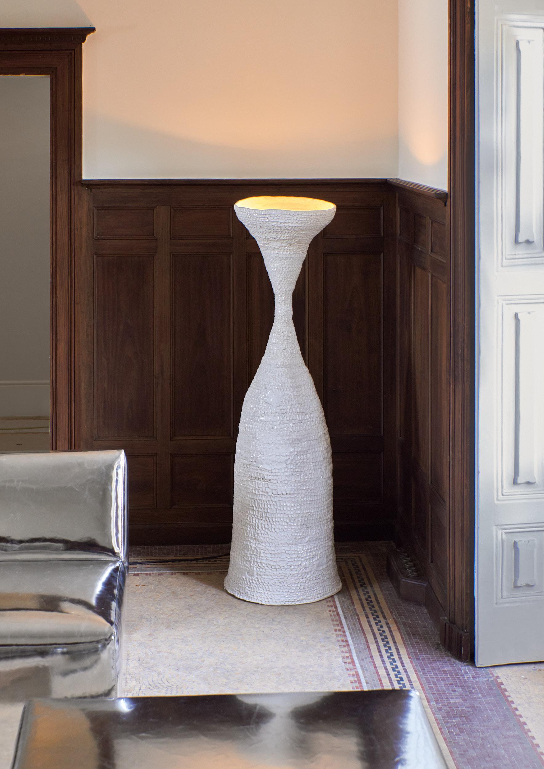 Casa Standing Light in white
Designed by Project 213A in 2023

Large artisanal ceramic standing light with textured finish, made in Project 213A's own ceramic workshop.
Each piece is unique due to its handmade nature, shapes and shades vary