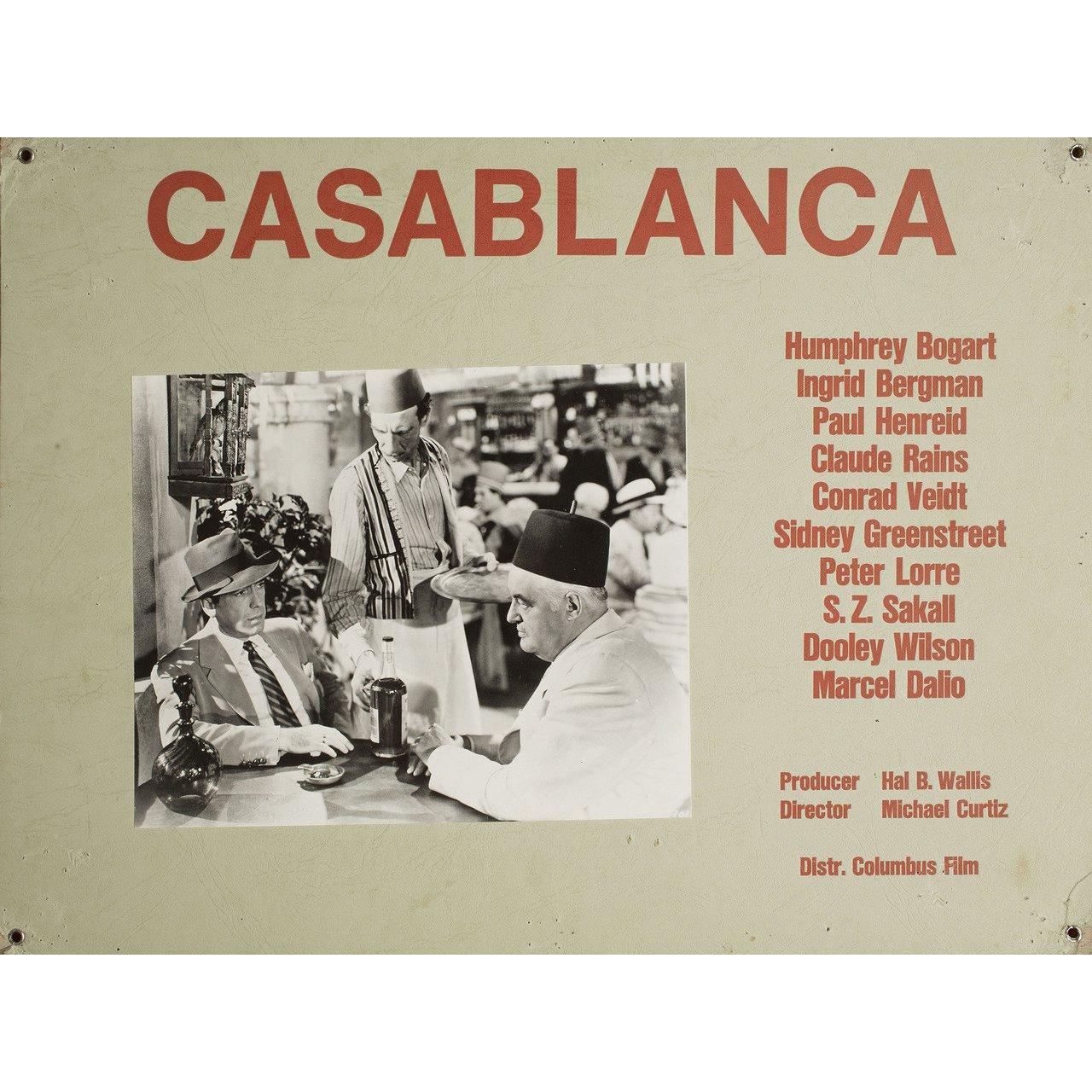 Original 1960s Swiss scene card for the 1942 film “Casablanca” directed by Michael Curtiz with Humphrey Bogart / Ingrid Bergman / Paul Henreid / Claude Rains. Very good-fine condition. Please note: the size is stated in inches and the actual size