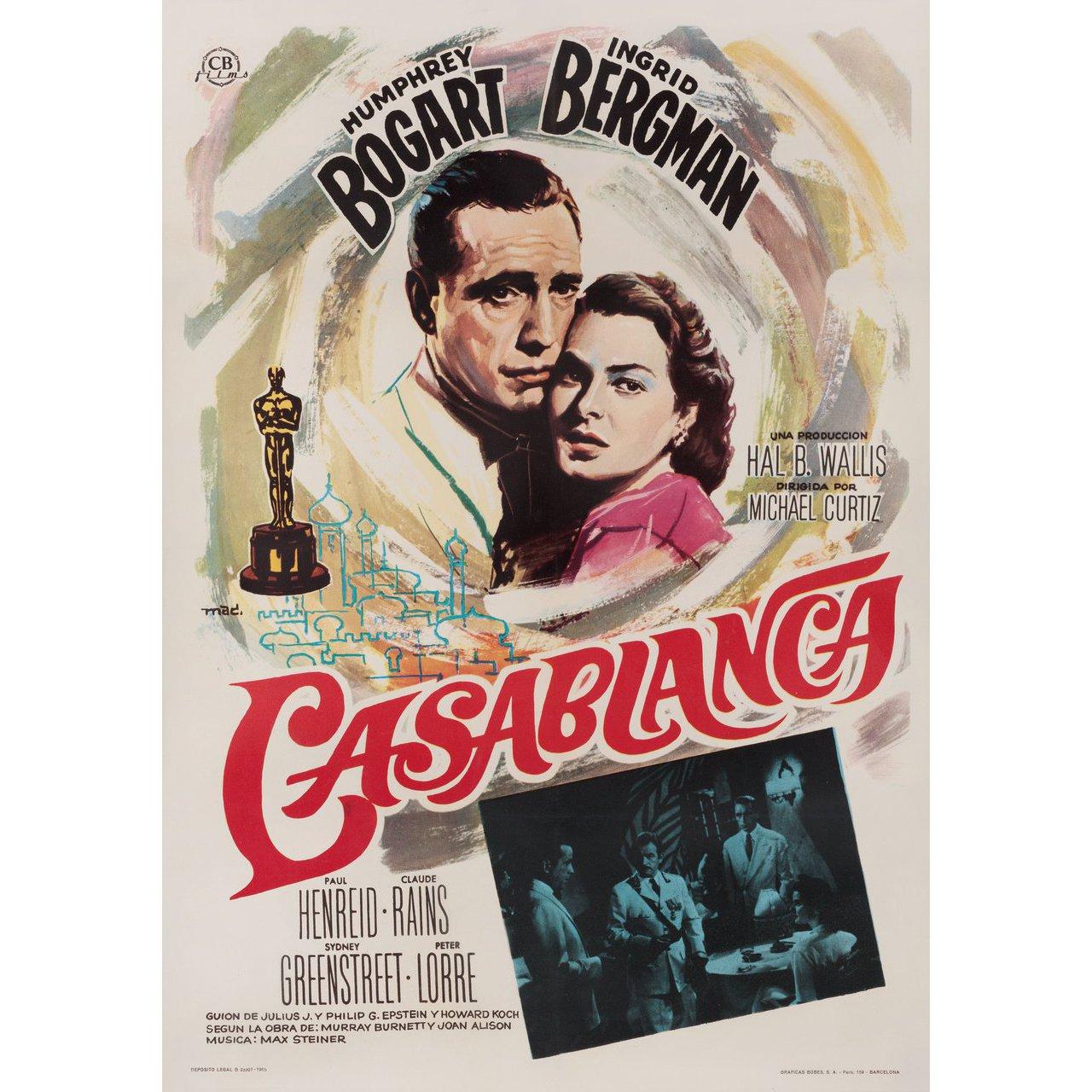 Originales spanisches B1-Plakat von 1965 für den ersten spanischen Kinostart des Films Casablanca von 1942 unter der Regie von Michael Curtiz mit Humphrey Bogart / Ingrid Bergman / Paul Henreid / Claude Rains. Guter Zustand, mit Leinenrücken. Dieses