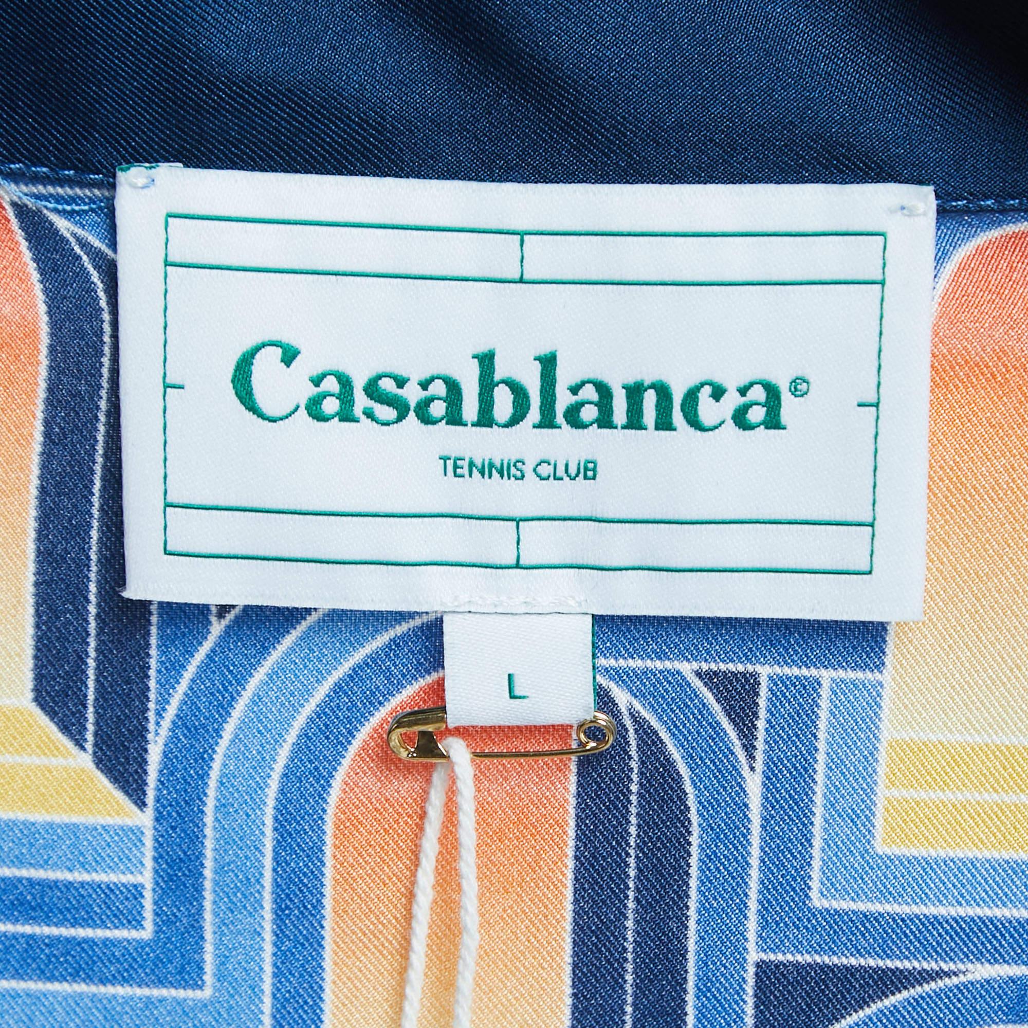 Casablanca Blue L'arche de Nuit Silk Cuban Collar Shirt L In Excellent Condition In Dubai, Al Qouz 2