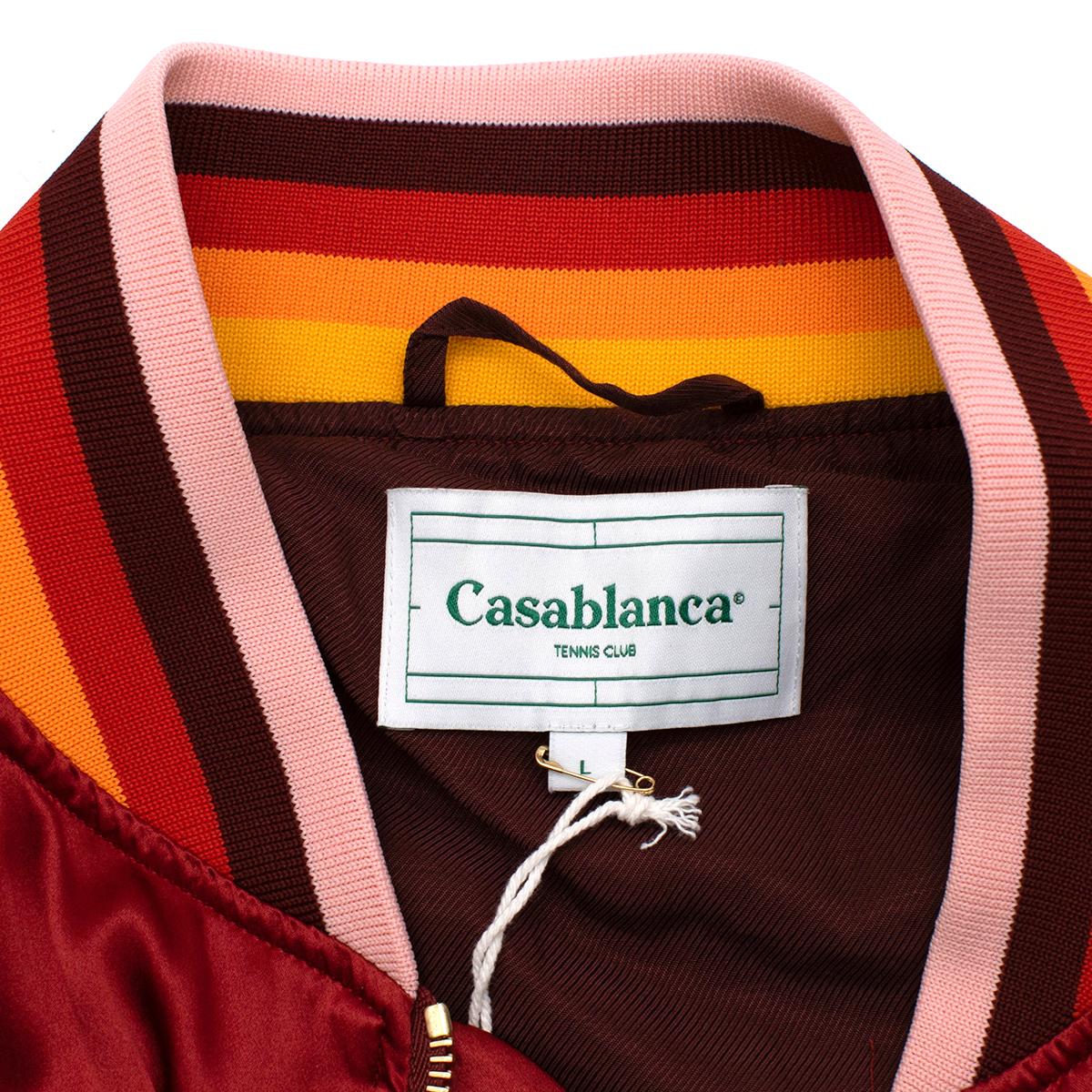 Red Casablanca Burgundy Silk-Satin Embroidered Souvenir Bomber Jacket - US L For Sale