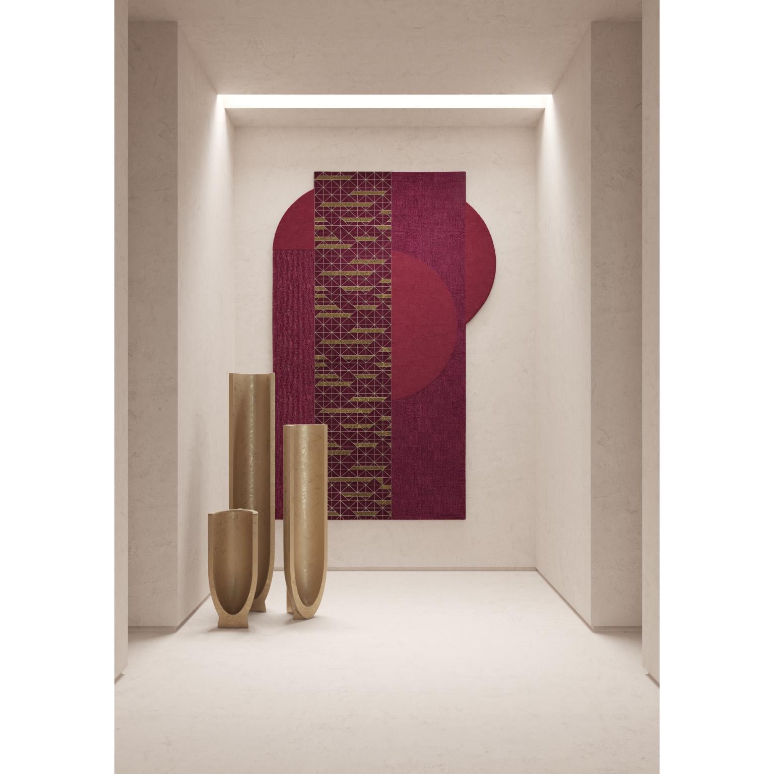 Casablanca Burgundy Wall Tapestry by Antilla Di Lauro
Dimensions: L 250 x H 160 cm.
Materials: Semi-worsted wool, fine bamboo silk, and lurex.

Antilla Di Lauro (b. 1989, Milan, Italy) designs and creates one-of-a-kind rugs and tapestries. After